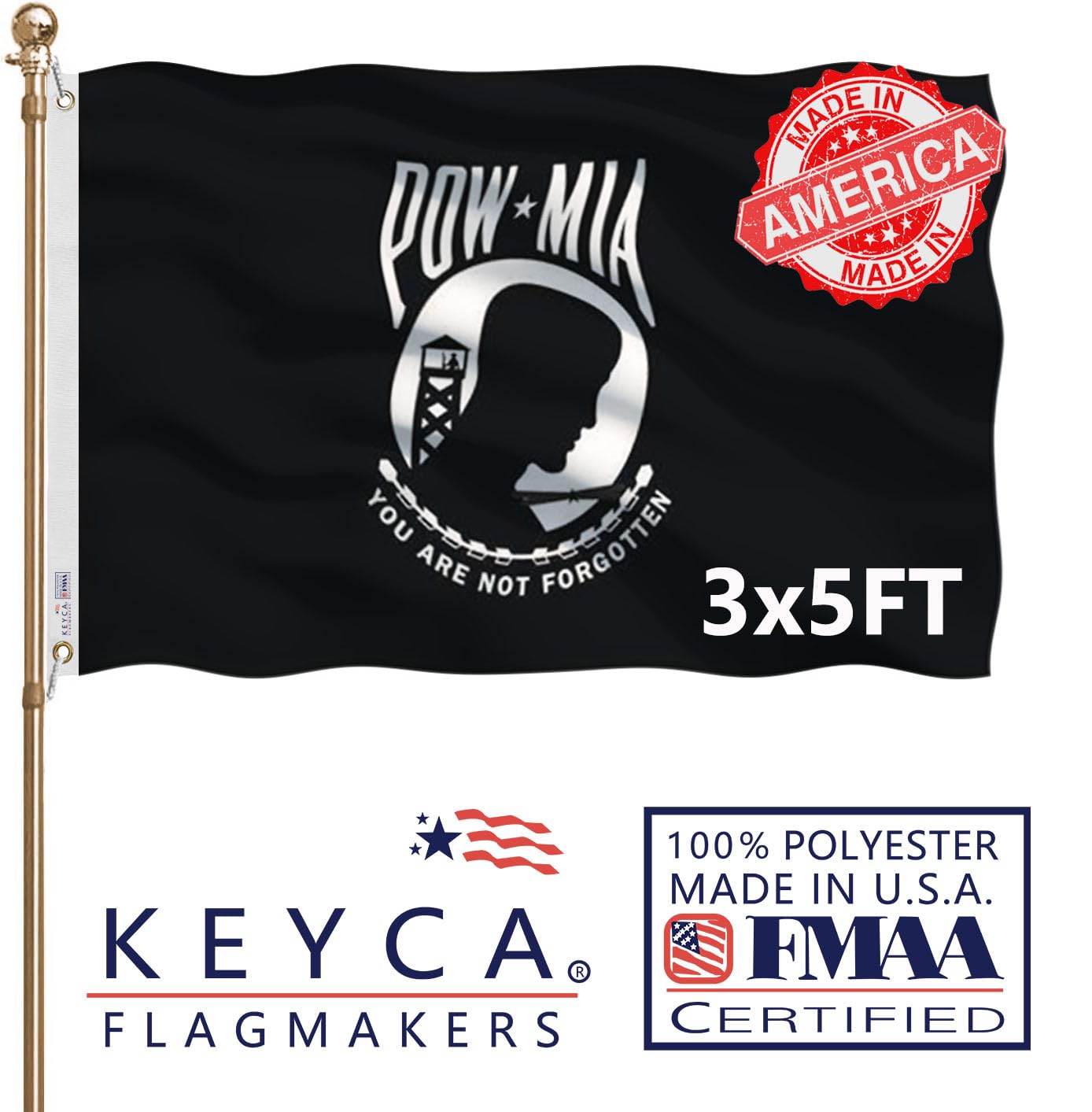 KEYCA Pow Mia Flag 3x5 FT Made in The USA-Heavy Duty Vibrant Colours Double Sided Black POW Flag with 2 Brass Grommets for Home/Company/Indoor Outdoor Decoration