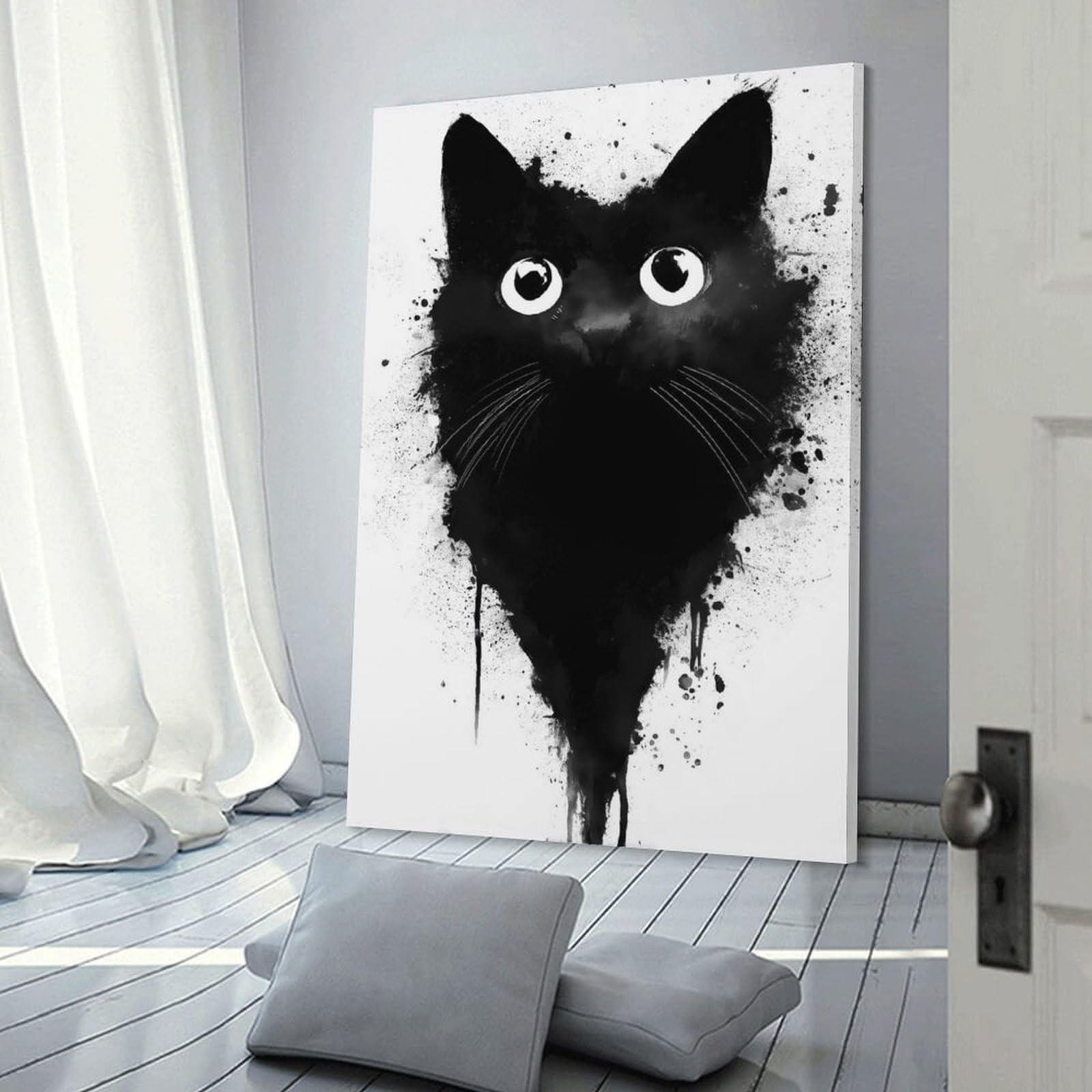 Junmoney Black Cat Ink Splatter Canvas Wall Art, 20x30inch(50x75cm), for Bedroom Decor, Cosy Corners Or Studios, Stylish Decor for A Restful Room Update