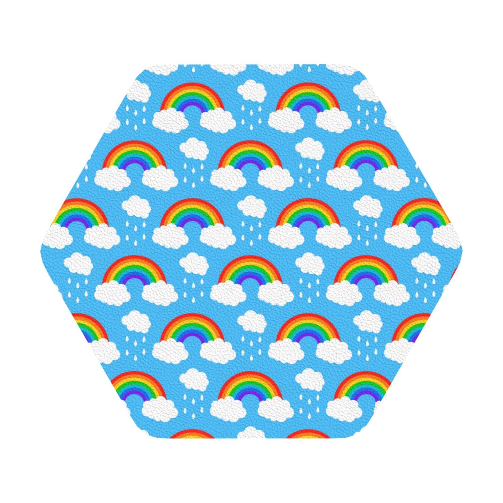 Rainbow Clouds Raindrop PU Leather Coasters Set of 6 Hexagon Drink Coasters