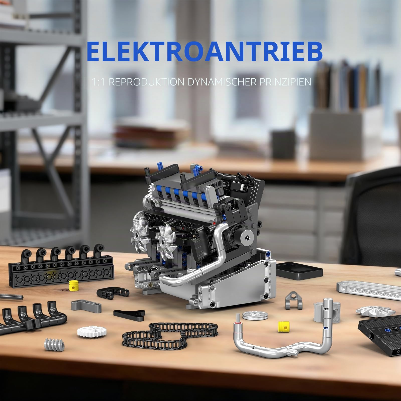 Mould King 10213 MOC Technik Motor-Modell，Baustein-Set eines Automobilmotors mit Elektromotor und Antriebsstruktur, Technologie Klemmbausteine Bausatz （744+Teile）