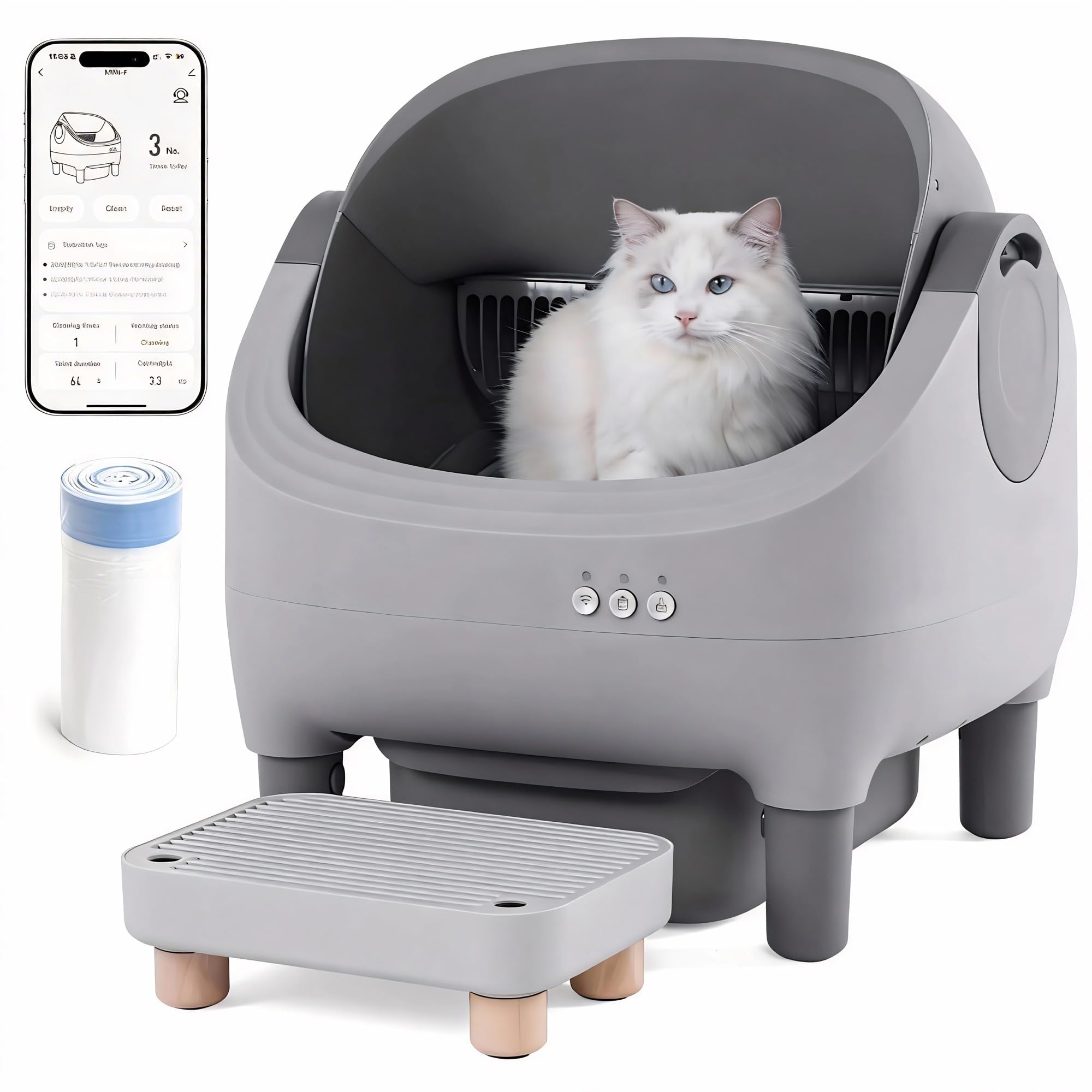 Upgraded Automatic Litter Box with Raised Step, Large Capacity Self Cleaning Litter Box for Multiple Cats with Open Top Design, Safety Protection, Smart App Control, Odor-Free & Health Monitoring