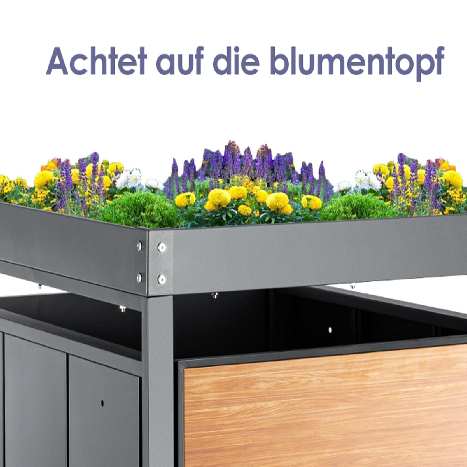 1er Mülltonnenbox für 240L Tonnen Mülltonnenverkleidung mit Pflanzdach abschließbar Türen aus Holzfarbe Stahl Boxt wetterfest für Mülltonnen Einfamilienhaus Mehrfamilienhaus