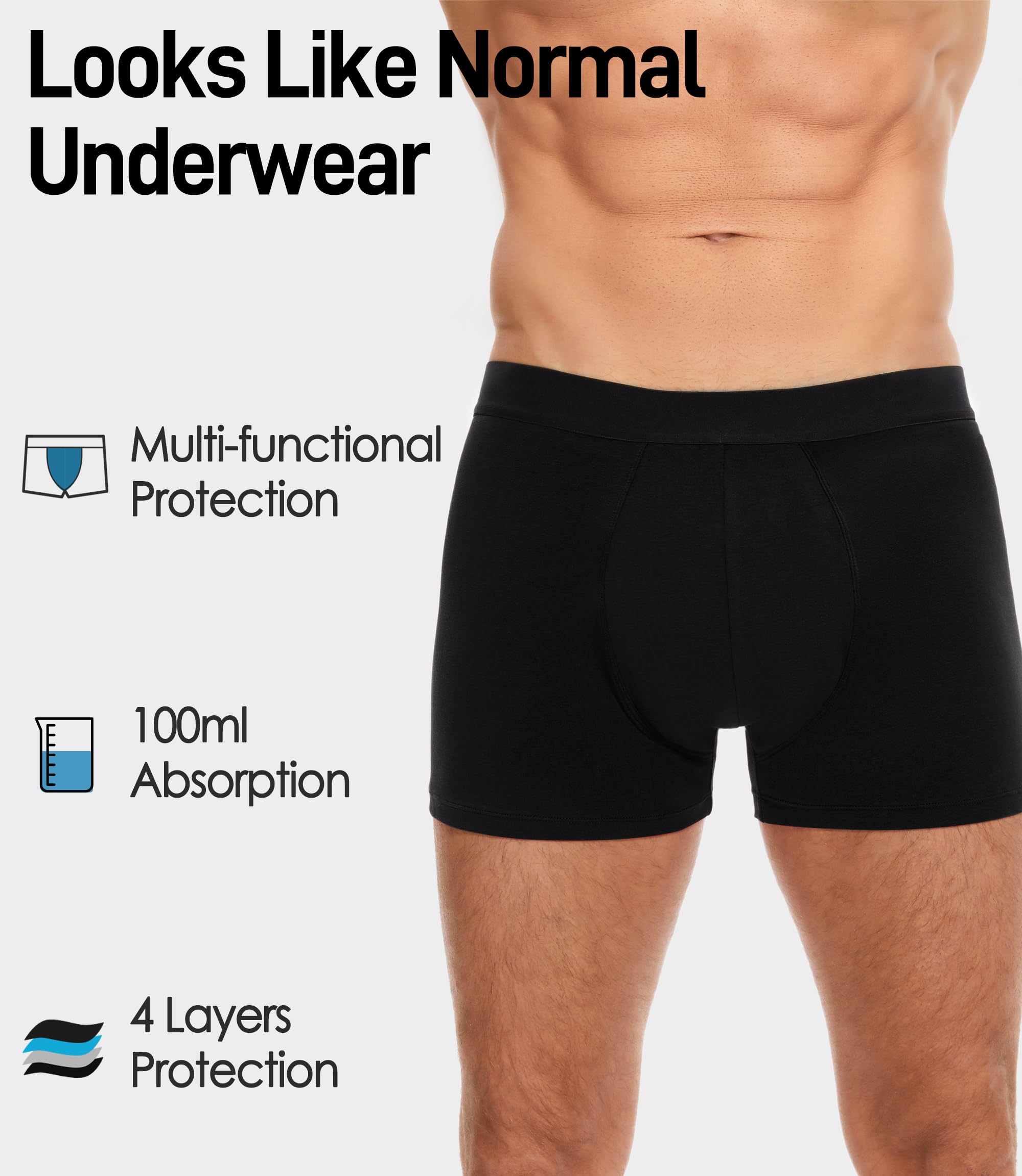 FORVEVO Men's Incontinence Underwear, Black Boxer Brief with Protective Pads, Washable Reusable Leakproof Heavy Absorbency (Black, Large)