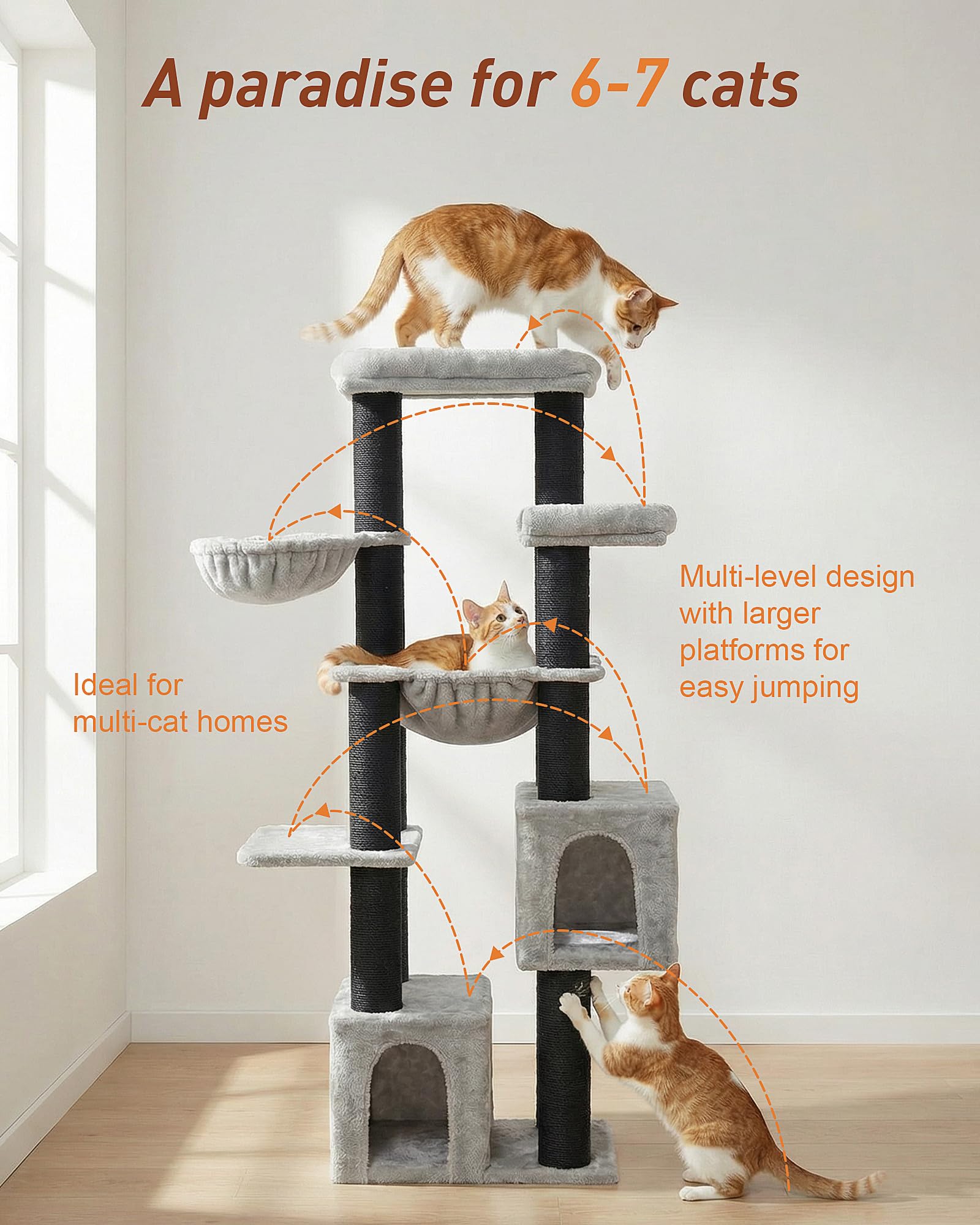 Rascador Grande, 164 cm, para Gatos Grandes, Estable con Troncos de 11 cm, 2 hamacas, 2 Plataformas de Peluche, 2 Cuevas, árbol para Gatos Grandes como Maine Coon