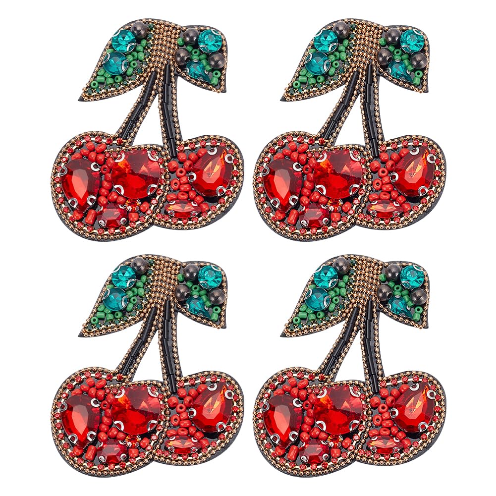 BEUNITONE 4 PCS Cherry Beaded Patches Sew on Cherries Rhinestone Patch Fruit Food Crystal Applique Red and Green Patches for DIY Clothing Repair Jeans