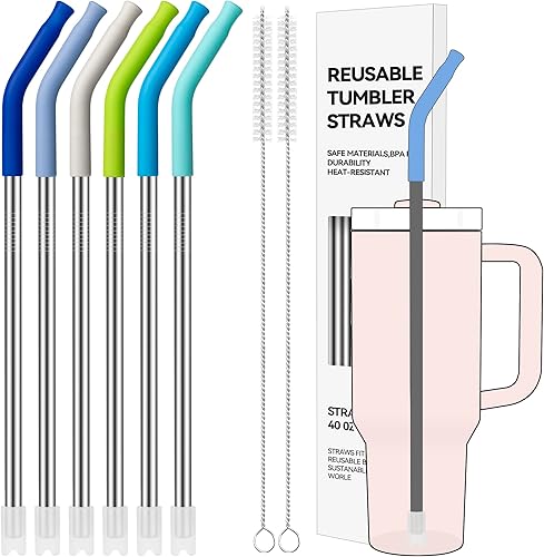 Soledea Pajitas de metal reutilizables para vaso de 40 onzas, 6 piezas con puntas de silicona coloridas, popote para vasos de vidrio, sin BPA (color