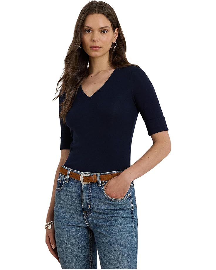 Lauren Ralph Lauren Stretch Cotton Elbow-Sleeve V-Neck Tee - Main View