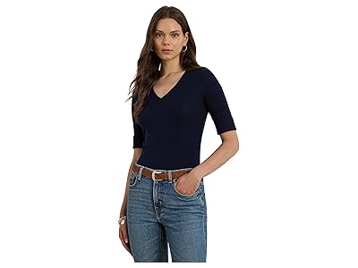 Lauren Ralph Lauren Stretch Cotton Elbow-Sleeve V-Neck T-Shirts Women