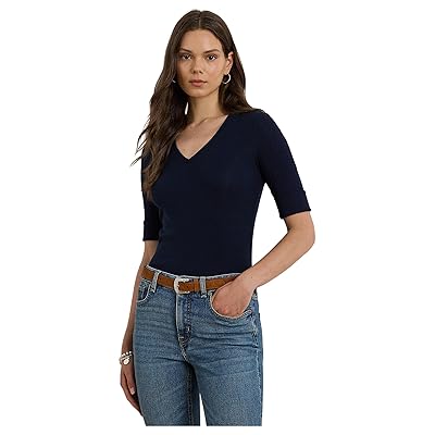 Lauren Ralph Lauren Stretch Cotton Elbow Sleeve V Neck T Shirts Women