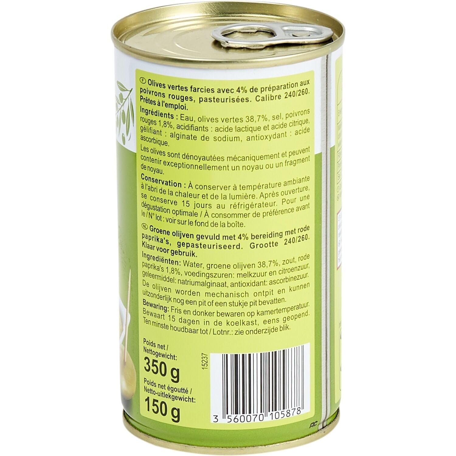 CARREFOUR CLASSIC' Olives Vertes Farcies aux Poivrons - Boîte Métal 350 g - Apéritif Prêt à Déguster - Saveur Authentique et Farciture Gourmande - Lot de 4