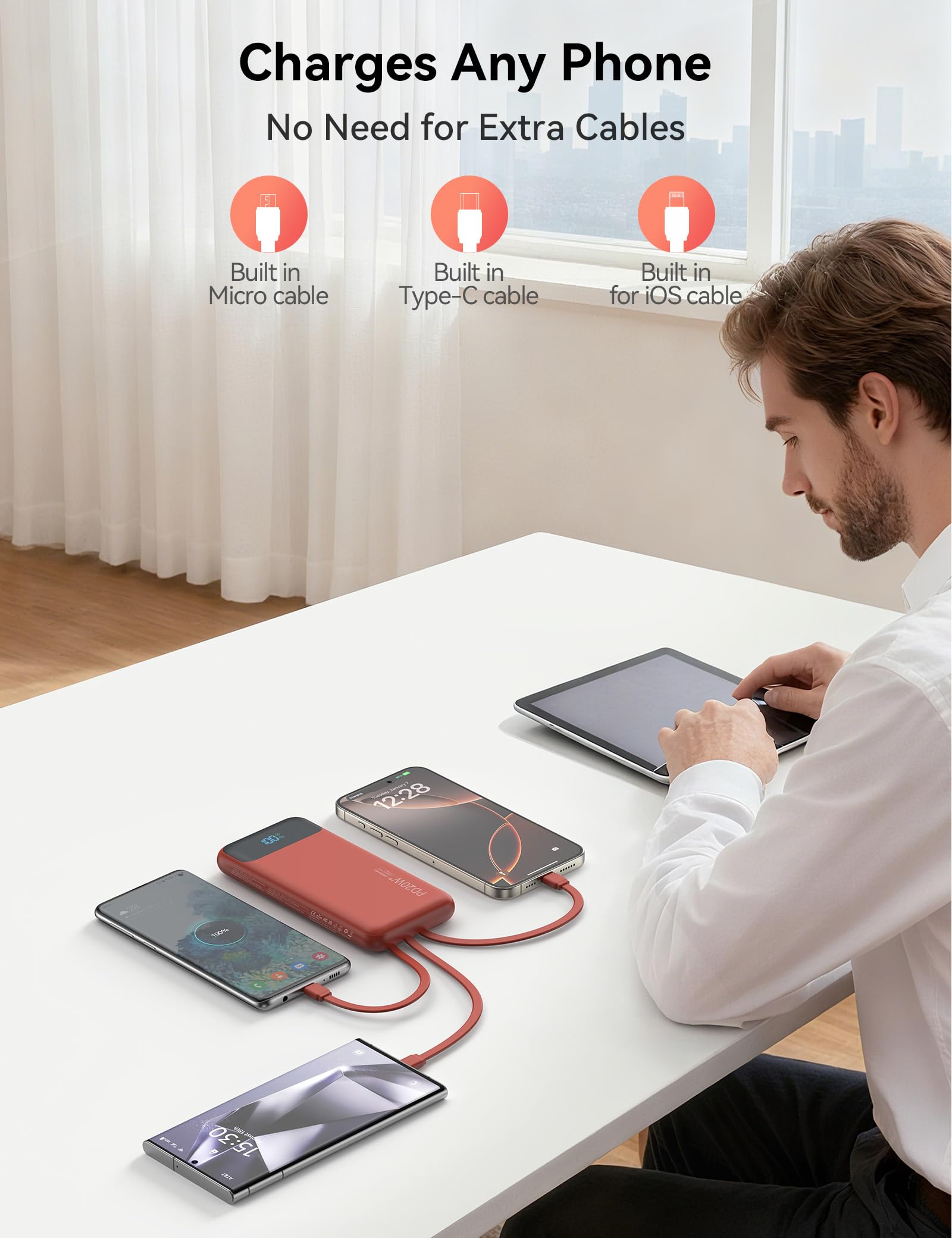 Caricabatterie portatile da 10000 mAh integrato con 4 cavi, ricarica rapida USB C Power Bank da 22,5 W, batteria a 6 uscite, caricabatterie per telefono essenziale da viaggio con display a LED