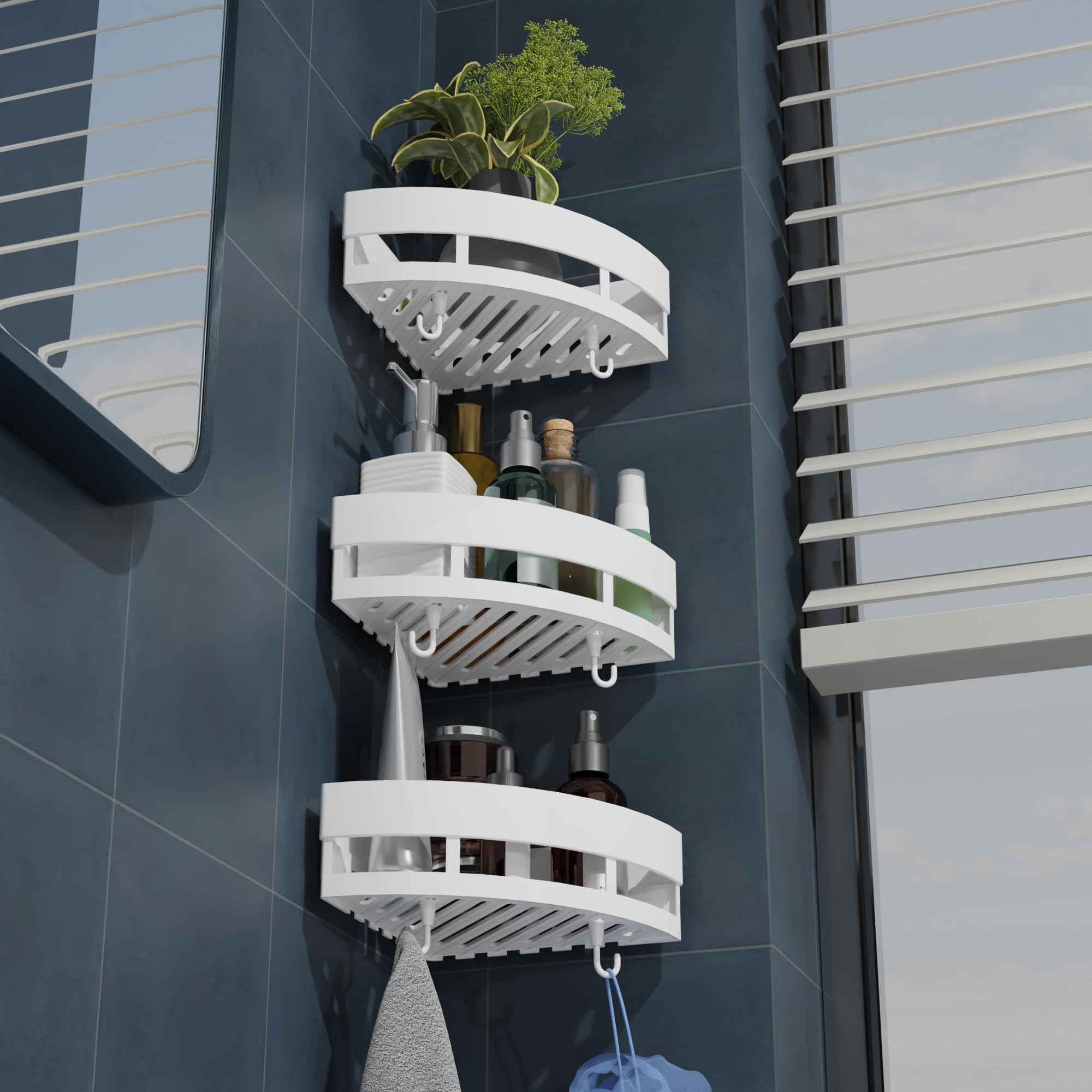 XBEY Bathroom Accessories Set/Plastic Corner Shelf for Bathrooms/Bathroom Corner Shelf for Wall Adhesive/Bathroom Organiser Without Drill/Self Adhesive Wall Stand (White,ABS Plastic) (Set of 3)