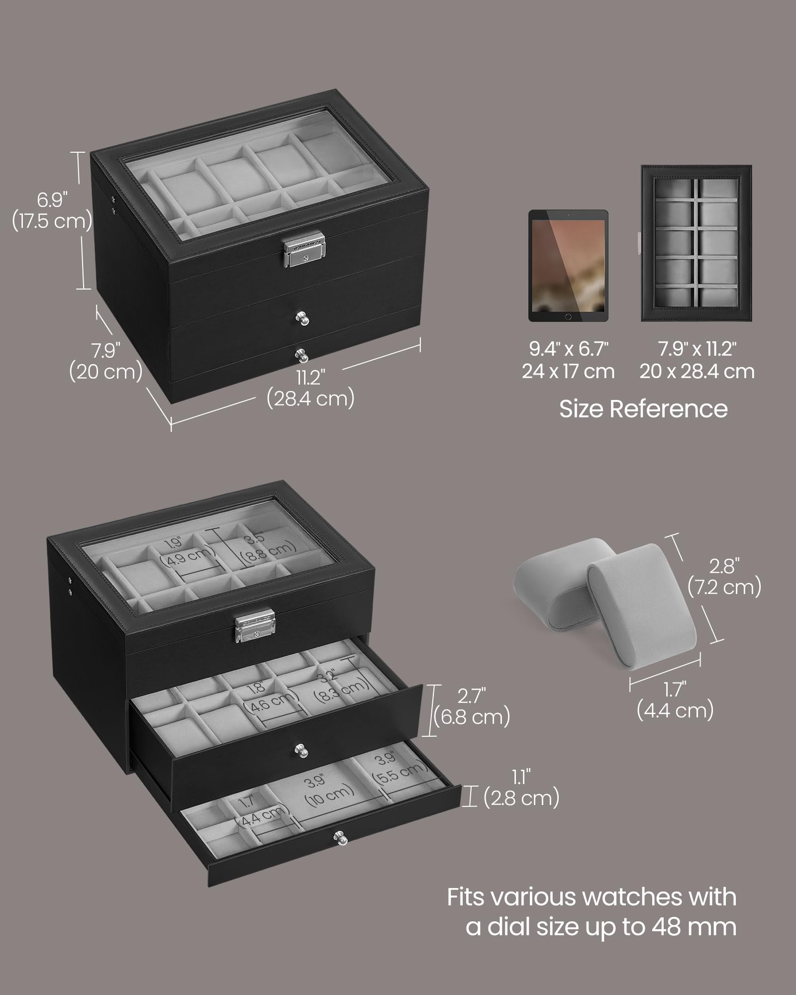 SONGMICS UJWB036B101 - Scatola per orologi, 20 scomparti, con grande coperchio in vetro, cuscini rimovibili, chiusura in metallo, regalo per i propri cari, in pelle sintetica nera, fodera grigia