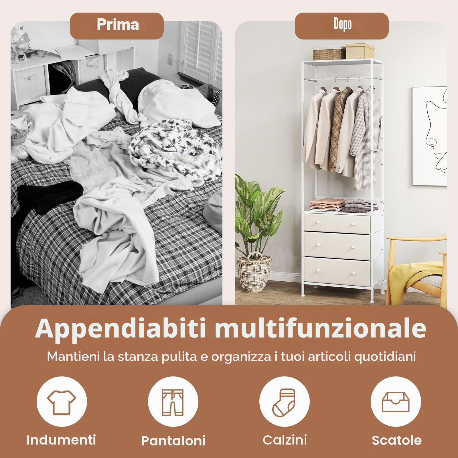 GIANTEX Appendiabiti Autoportante con 3 Cassetti e Barra Appendiabiti in Metallo, Dimensioni 55 x 28 x 176 cm, Mobile Multiuso per Camera da Letto, Soggiorno e Corridoio (Bianco)