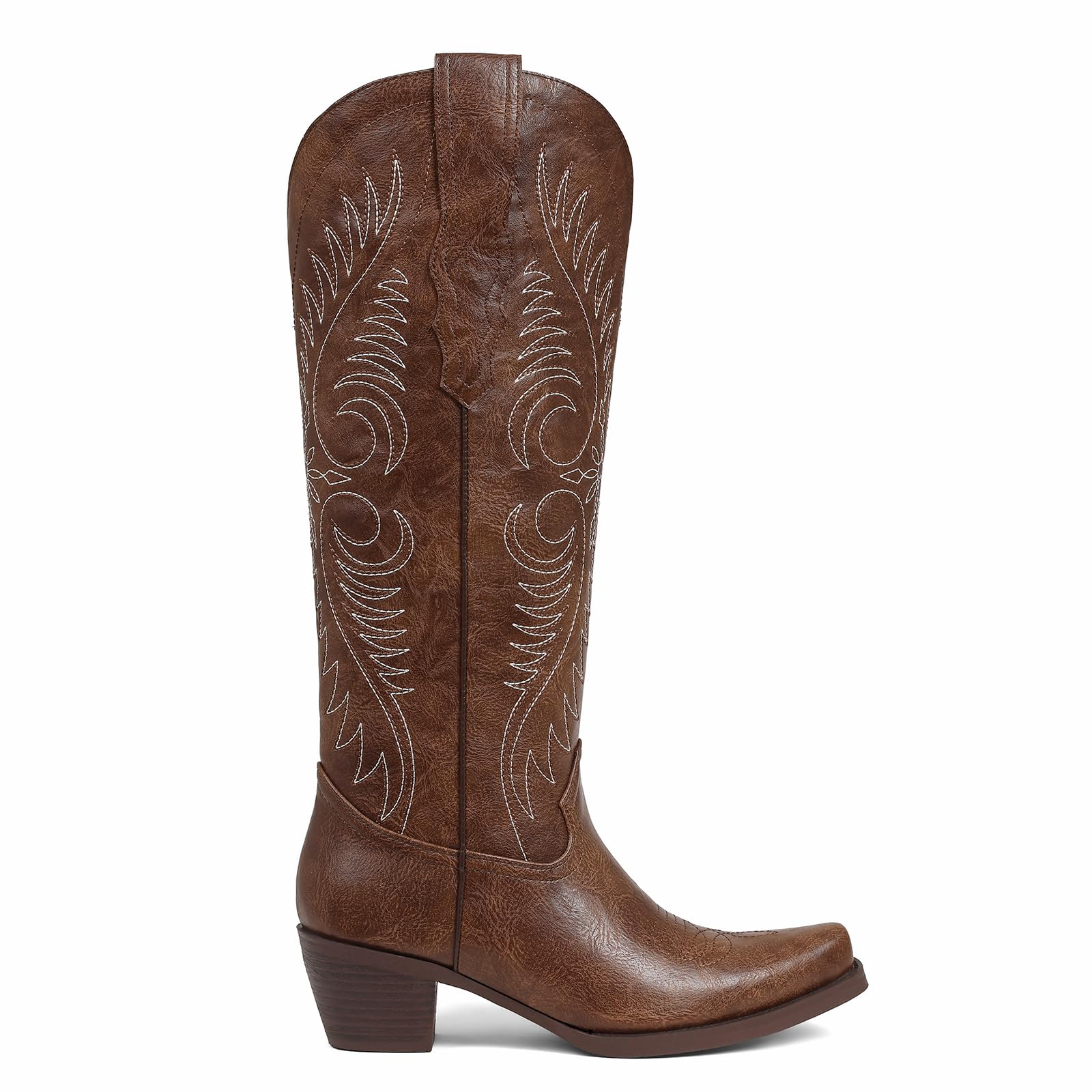 Erocalli Womens Fashion Embroidered Cowgirl Boots Snip Toe Western Cowboy Boot Leather Pull On Chunky Heel Mid Calf