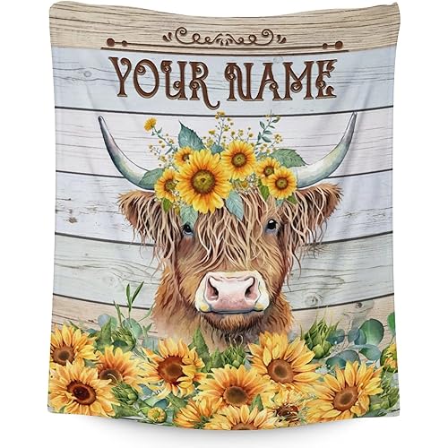 Custom Highland Cow Blanket Gifts with Name - 50x40 Inches Cute Throw Blanket for Women, Girls - Yellow Soft Fuzzy Blankets for Crib, Couch & Travel