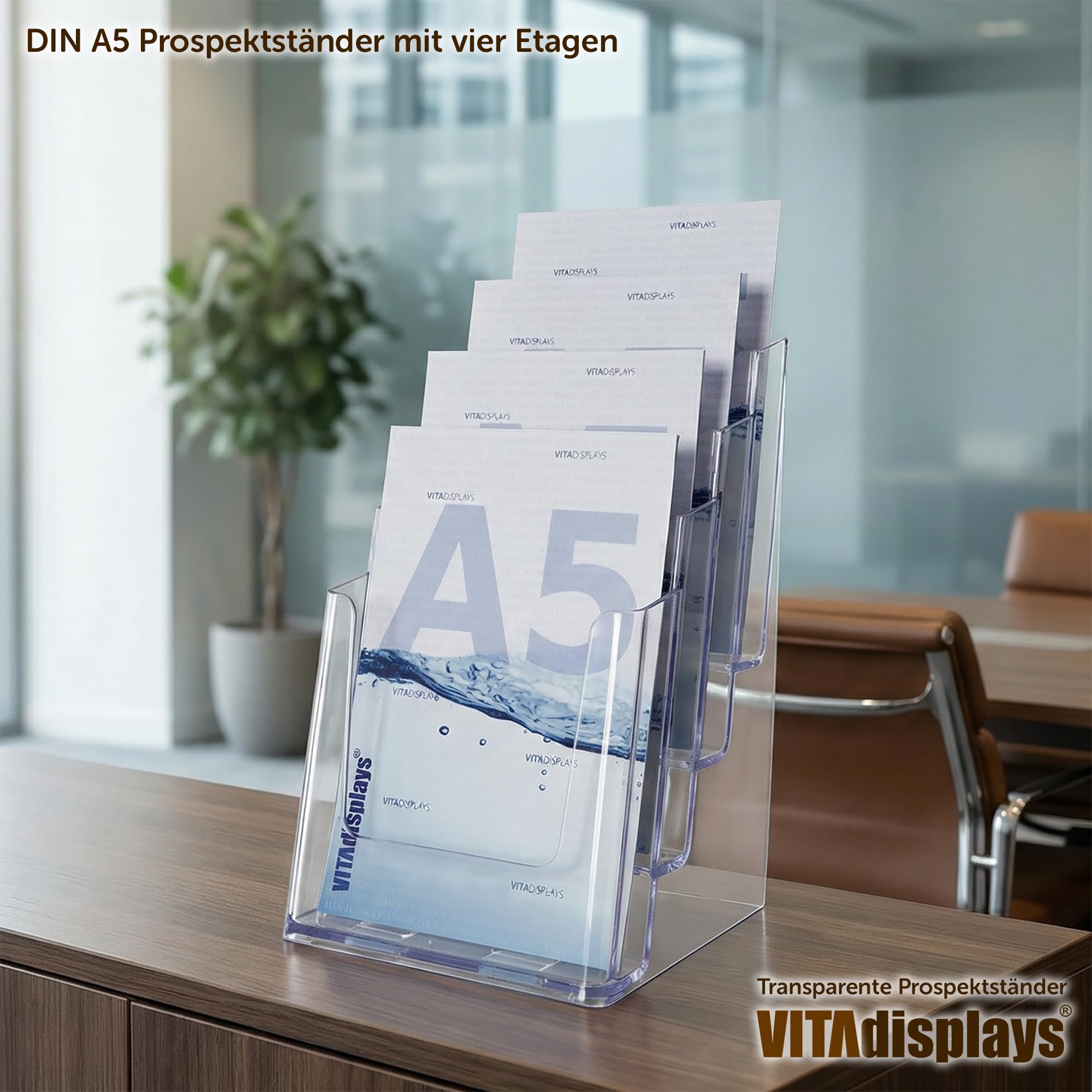 VITAdisplays® Expositor de folletos DIN A5 con 4 niveles, transparente (NE-164)