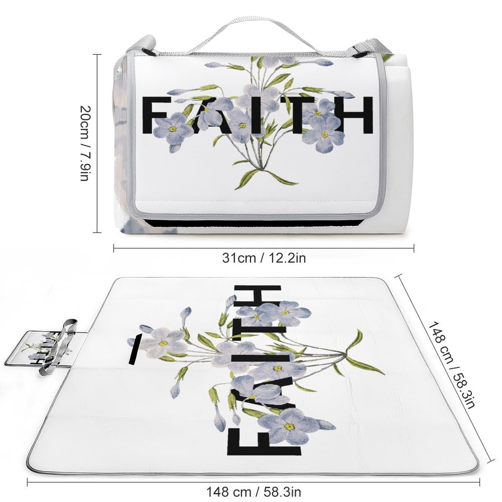 3D Impression Faith Fleurs T-Shirt Couverture Pique Nique Tapis De Plage Anti Sable Nappe Picnic Tapis Picnic pour Le Voyage, Le Camping, Les Vacances, Etc 148x148cm