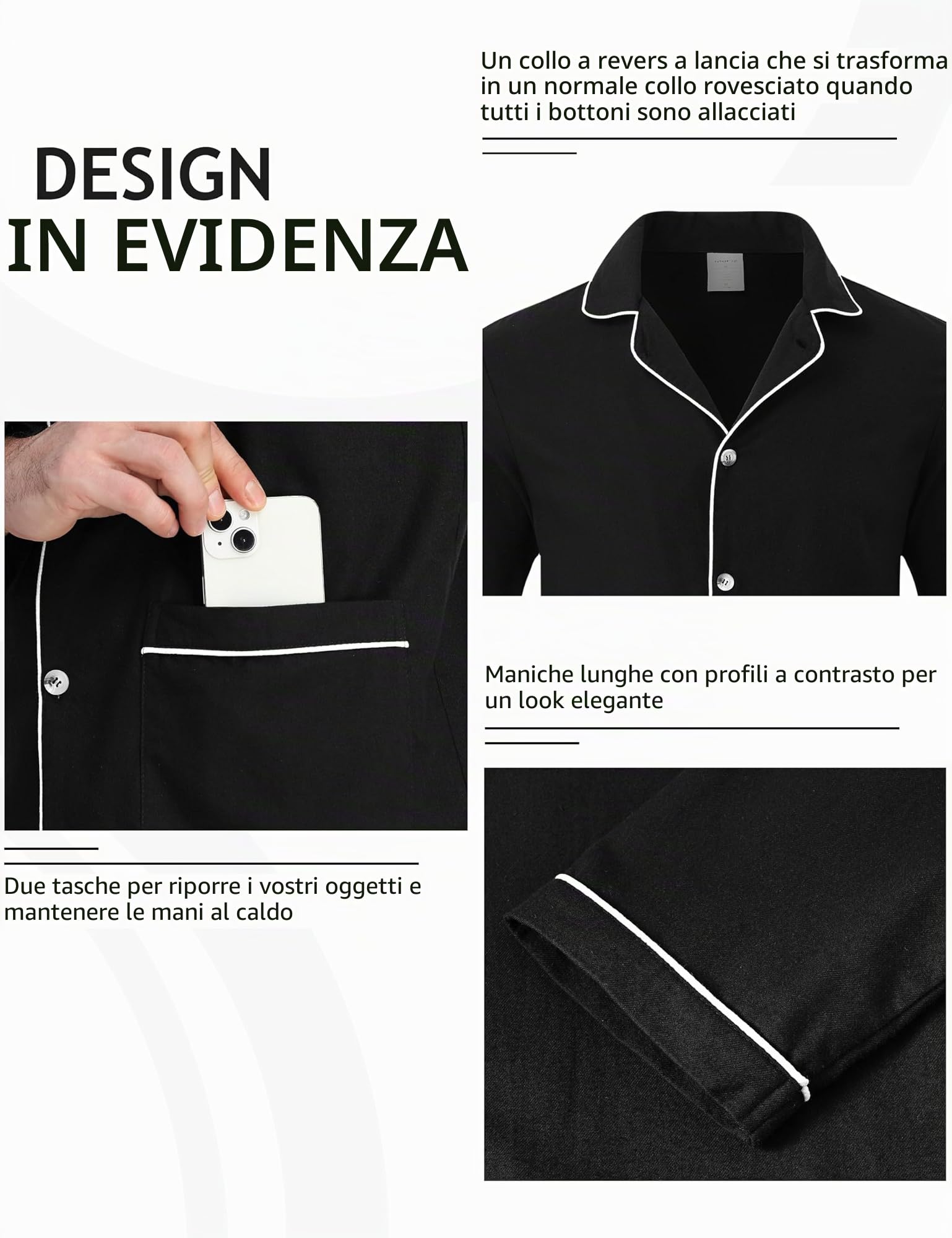 MoFiz Pigiama Uomo Cotone Lungo Invernale Pigiama da Notte con Bottoni Maniche Lunghe Pigiami Due Pezzi Camicia Pigiama e Pantaloni con Tasche Morbidi e Confortevoli