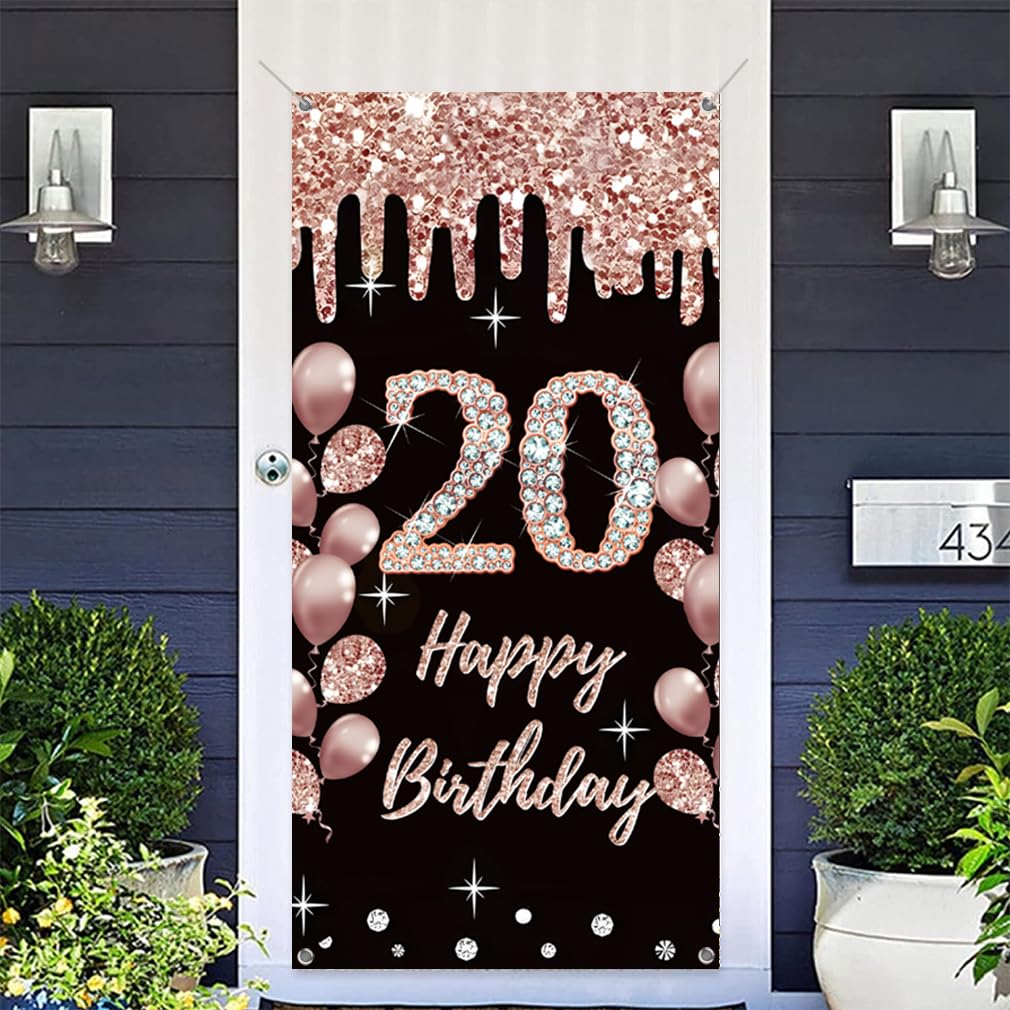 Happy 20th Birthday Stoff-Poster – 150 X 90 Cm, Rosa, Mit Glitzer, Für Party-Deko