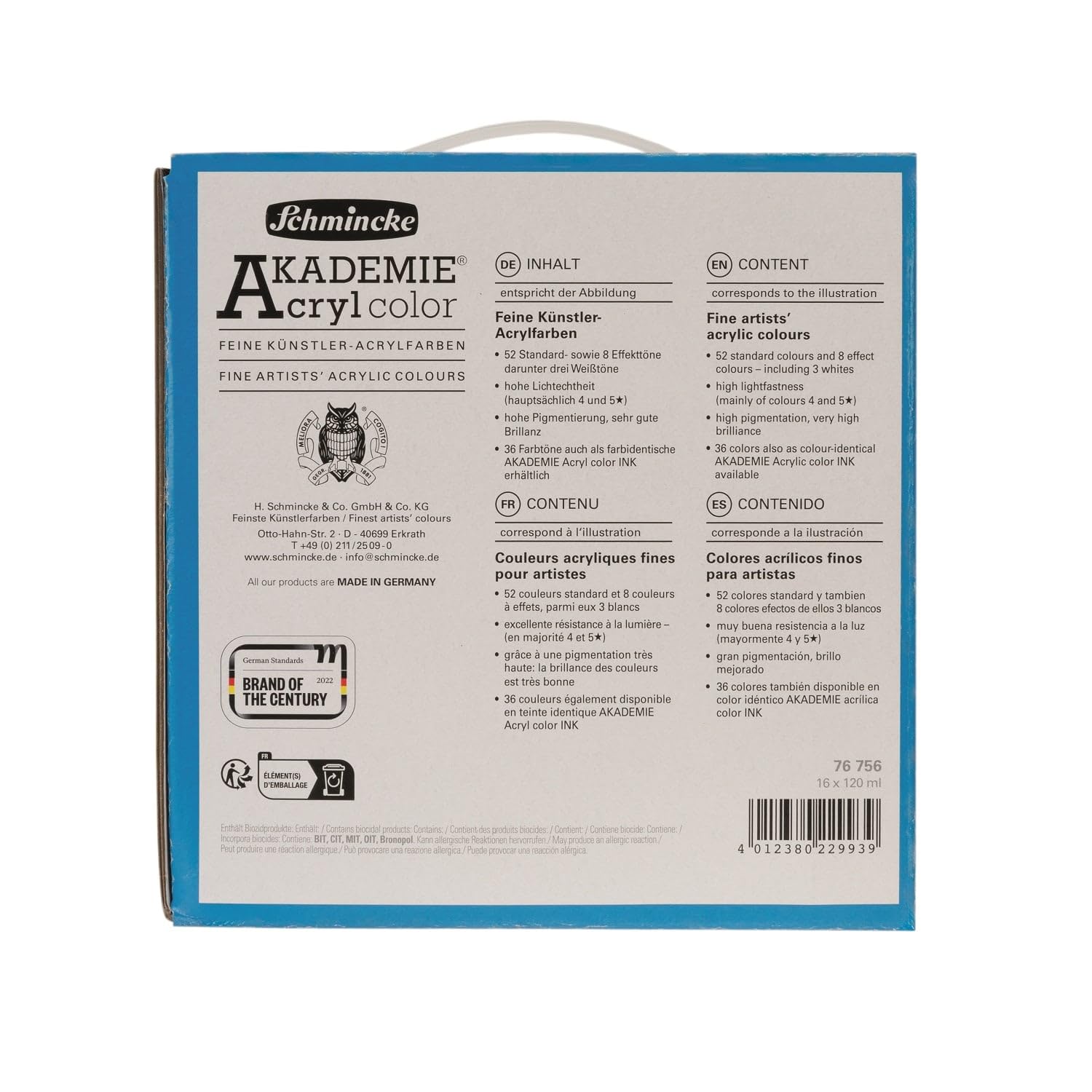 Schmincke - AKADEMIE® Acryl color, Value Pack 76756097, feine Künstler-Acrylfarbe, Set mit 16 x 120 ml Tuben, Farbenmix, brillant, hoch lichtecht und kadmiumfrei, für Acrylmalerei, Mixed Media