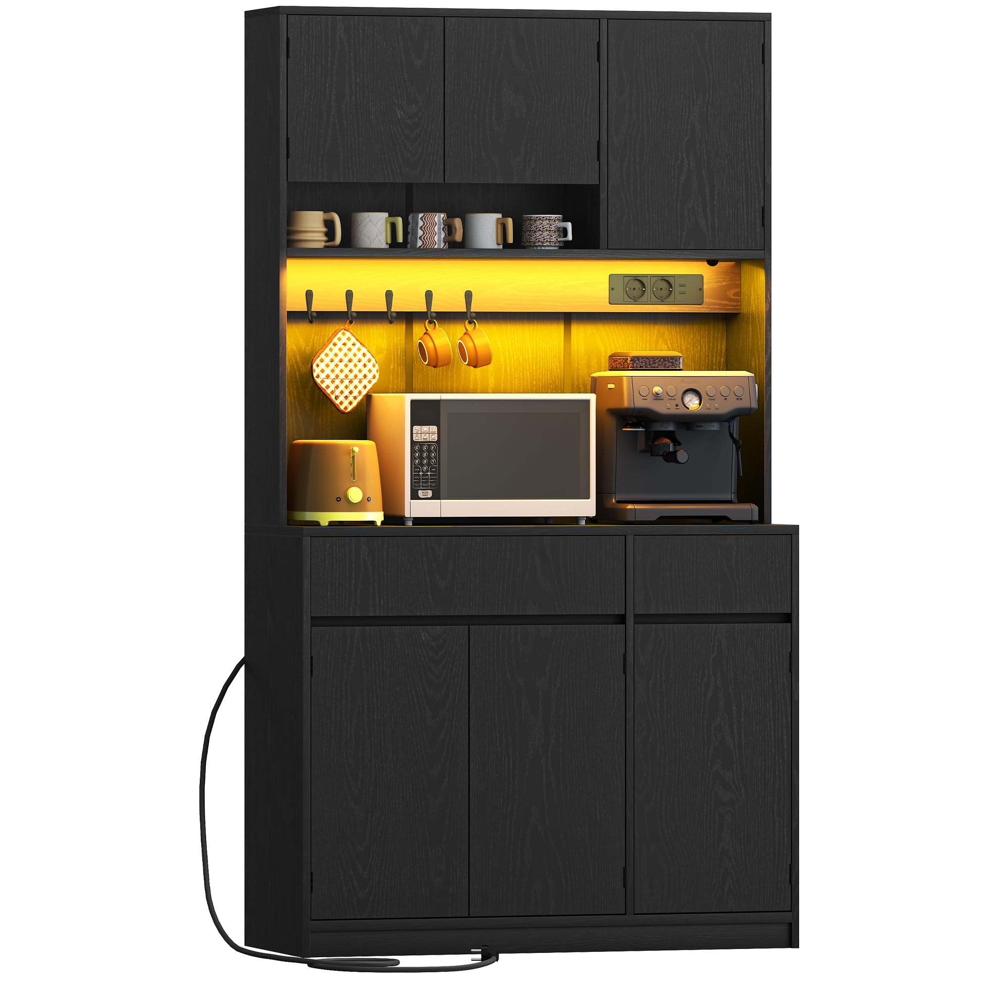 Hzuaneri Armoires Cuisine, Buffet, Haut Vaisselier avec Prises Électriques, avec Plans de Travail et Deux Tiroirs, Étagères Réglables, Cuisine, Salon, 100 x 40 x 180 cm, Noir, PT00204XEU