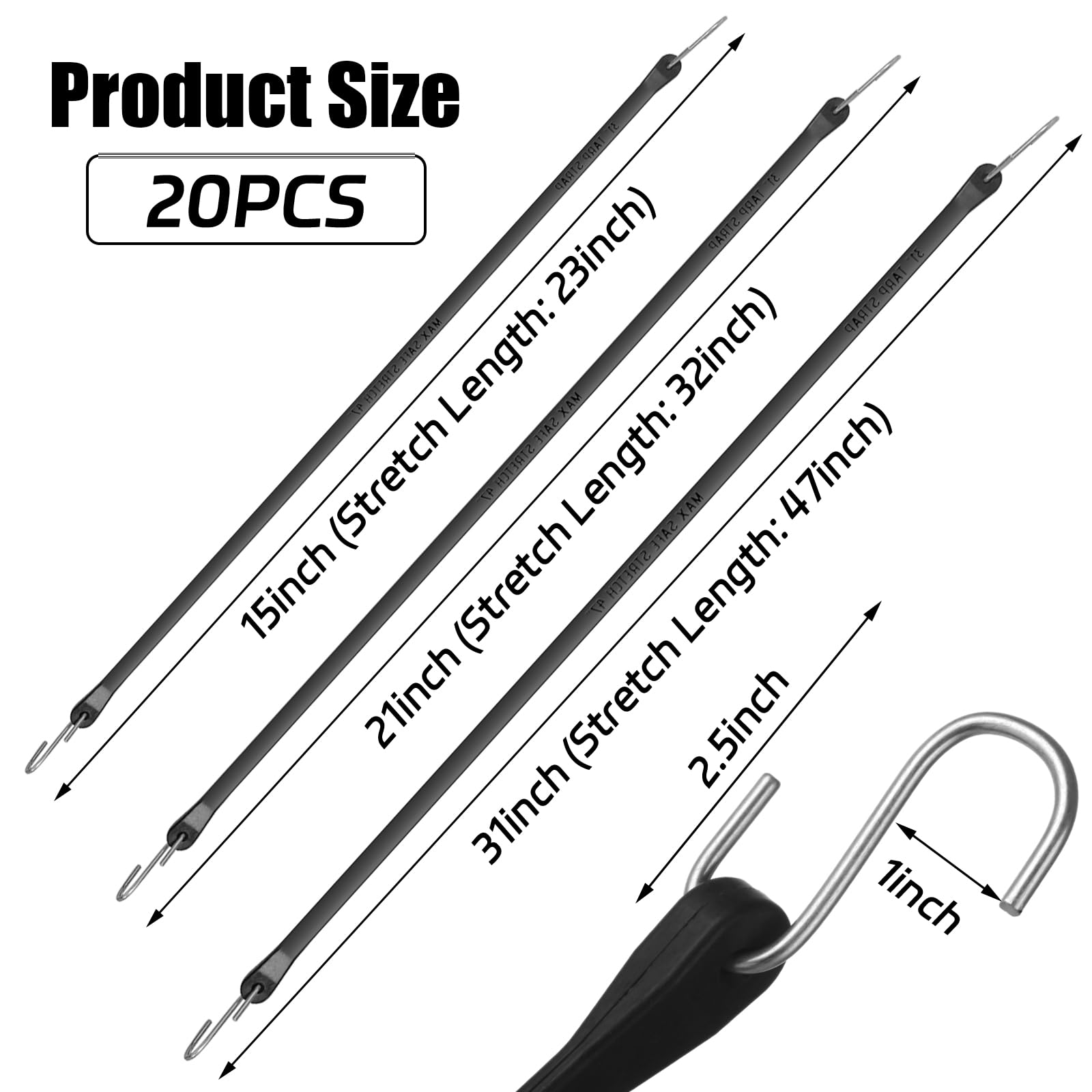 GBACHOOSE 20PCS Rubber Tarp Straps Bungee Cords with Hooks Heavy Duty Outdoor, 100% EPDM Tarp Straps with Thicker Connect Hole & Metal Crimped for Securing Cargo, Bikes, Camping Gear(15