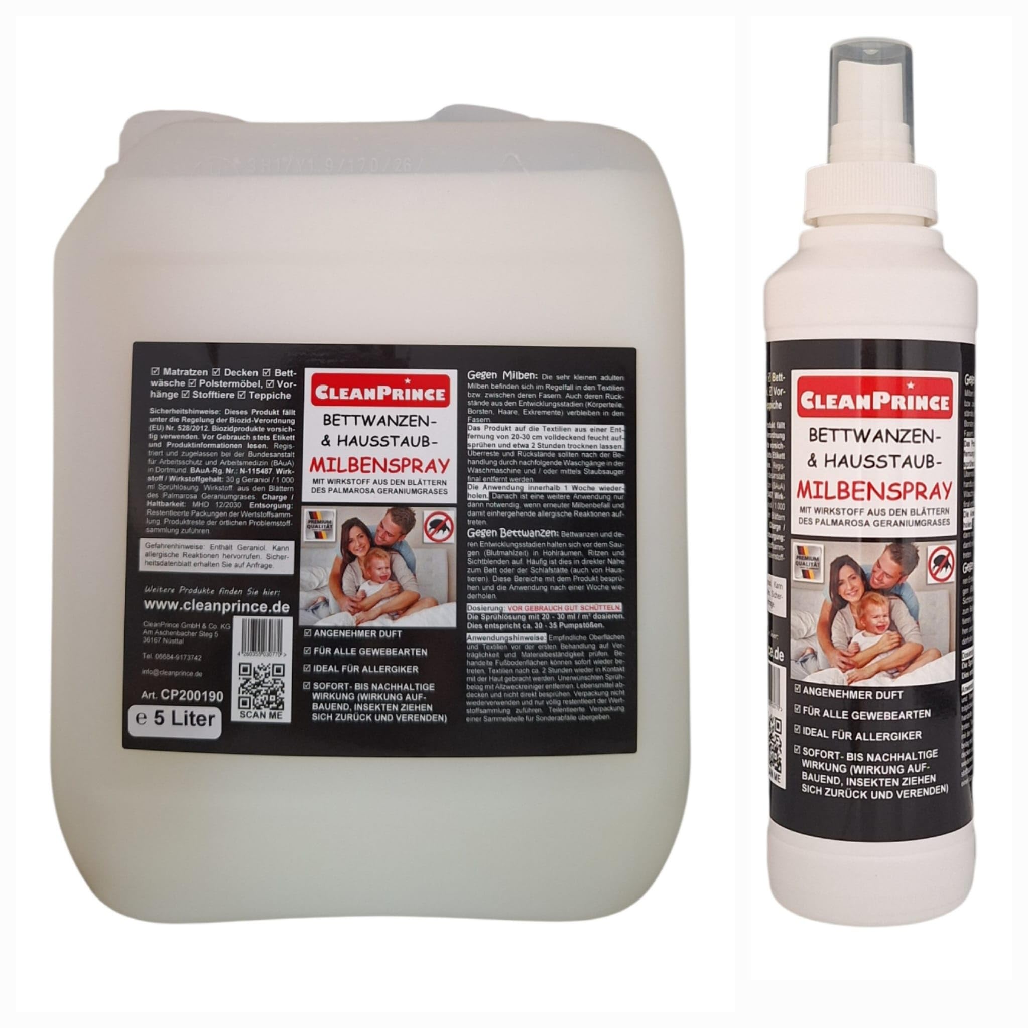 CleanPrince 5,25 Litro Anti-milben-spray: Parassiti Letto Spruzzo di Acaro Anti Acari Milbenex Entferner Materasso Detergente Igiene Bettmilben Bettwanzen Milbenmittel Allergici Acari Della Polvere
