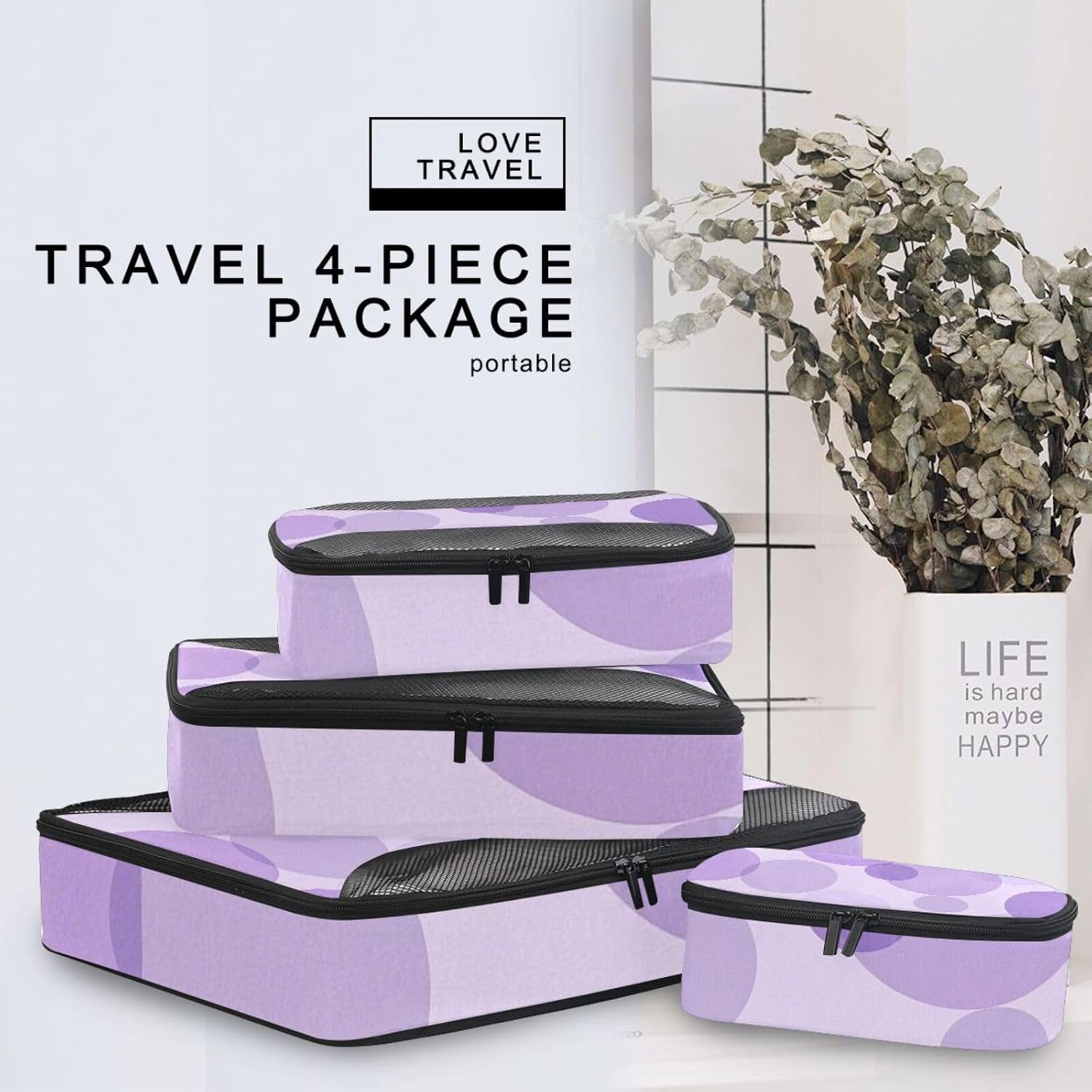 4 Pcs set organizers and storage Mesh Travel Essentials Polka Dot Colorful Round Modern Lavender lightweight cubes for packing