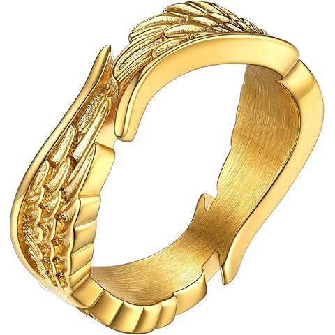 Bestyle Antique Angel Wing Rings for Women Men, Guardian Feather Band Rings, Vingage Lover Couple Promise Rings for Anniversary/Wedding/Egagement Size 7-12,Words Customizable