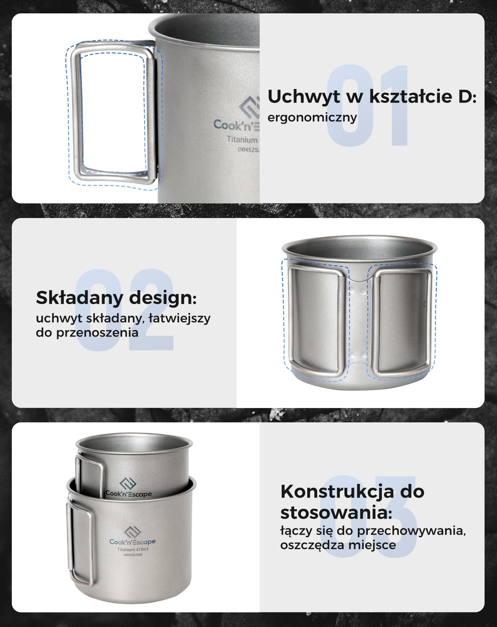 COOK'N'ESCAPE Tytanowe kubki kempingowe, zestaw 2 szt., 340 ml + 470 ml, lekkie i przenośne, odporne na ciepło, ze składanym uchwytem, idealne na kemping, wędrówki, podgrzewanie wody i parzenia kawy