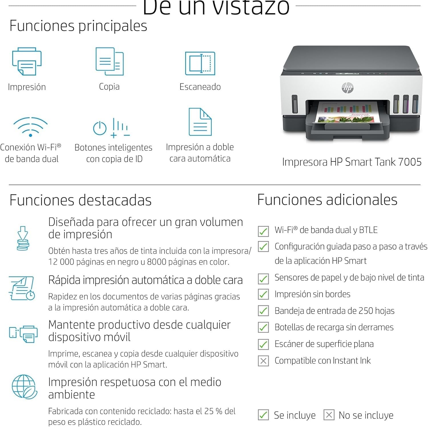 HP Smart Tank 7005 28B54A - Impresora A4 Multifunción con Deposito de Tinta Recargable, Impresión a Color, Escaner, Copiadora, Wi-Fi, Smart App, Blanca y Gris Oscuro
