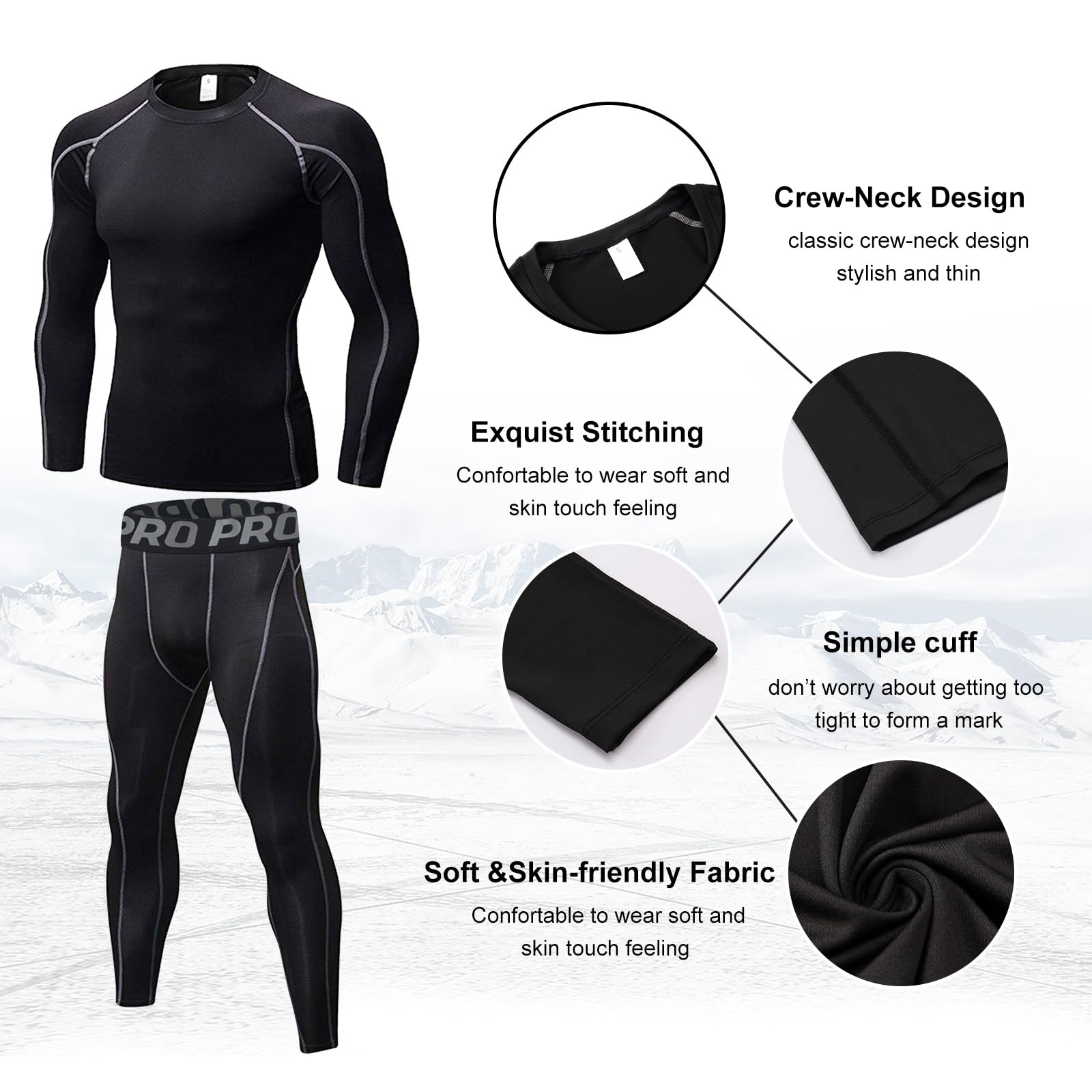 Set di biancheria intima termica da uomo a maniche lunghe con collo alto e pantaloni lunghi per allenamento, sci, corsa, escursionismo