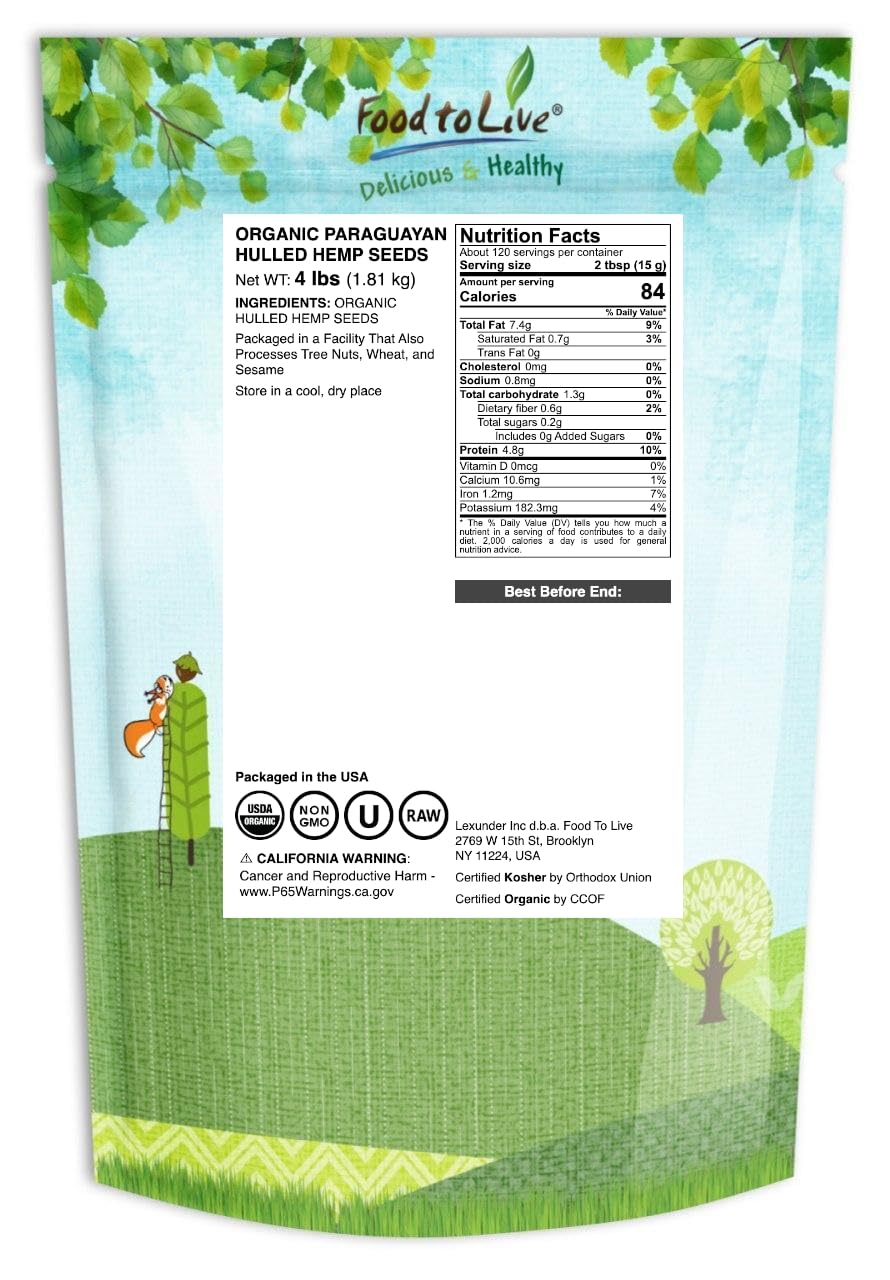 Food to Live Organic Paraguayan Hemp Seeds, 4 Pounds Non-GMO Raw Hearts, Hulled, Kosher, Vegan. Keto-Friendly. Rich in Omega 3 & 6. Good Source of Protein. Great for Smoothies, Oatmeal, and Salads