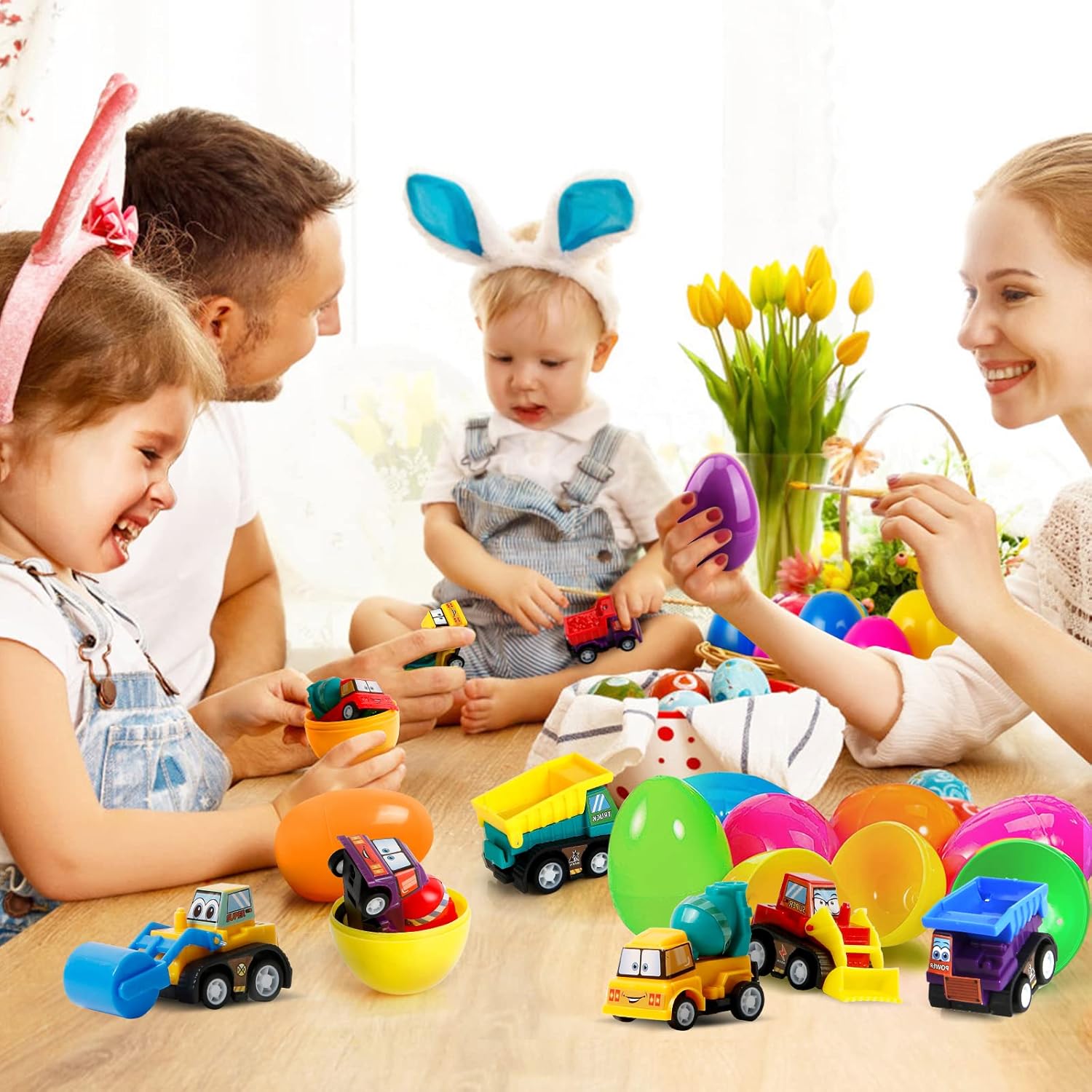 12 Plastic Easter Eggs Filled with Pull-Back Engineering Toys Gift for Easter Egg Hunt, Birthday Party for Kids Over 3 Years Old