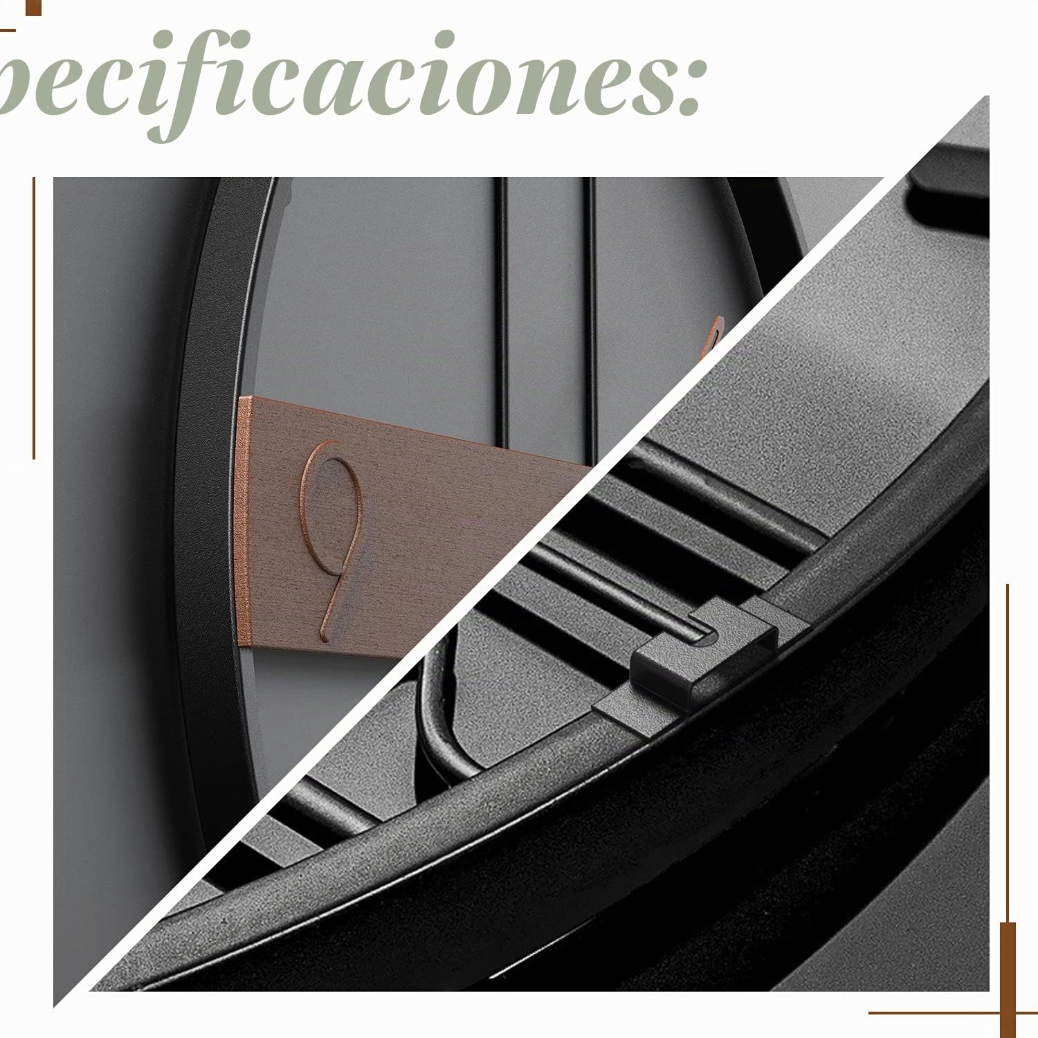 Yumyolk Reloj Pared Grande, con Bisel Negro Redondo de Hierro de 60 cm, Agujas Marrones, decoración de Tablero de Nogal e indicación de la Hora para Salón Dormitorio Oficina