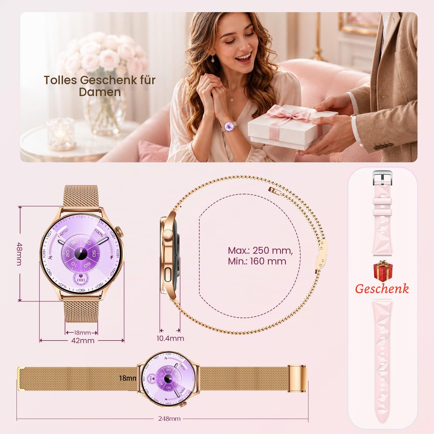 Smartwatch Damen mit EKG HRV Blutdruck: Damenuhr ECG PPG Smart Watch Uhr 1,32" Rund AMOLED Armbanduhr IP67 Wasserdicht Herzfrequenz Schrittzähler Telefonfunktion Digital Fitnessuhr für Android iOS