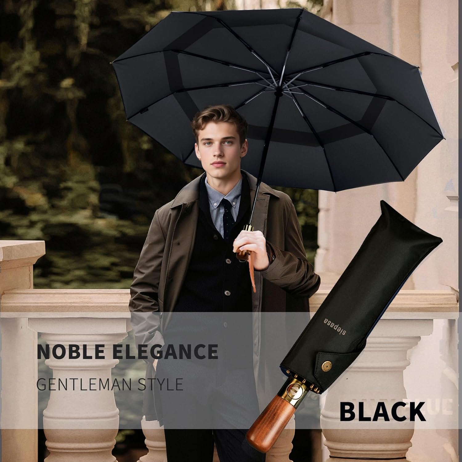 SIEPASA 49/54/62 Inch Windproof Golf Umbrella - Automatic Open/Close, Real Wood Handle - Large Folding Travel Umbrella for Wind, Rain & Sun Protection.(Black,54")