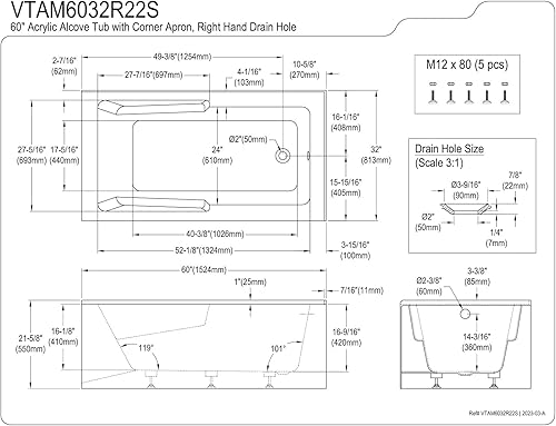 Miniatura 4 de Kingston Brass VTAM6032R22S Aqua Eden - Tina de alcoba acrílica de 60 pulgadas con delantal de esquina, orificio de drenaje a la derecha, color