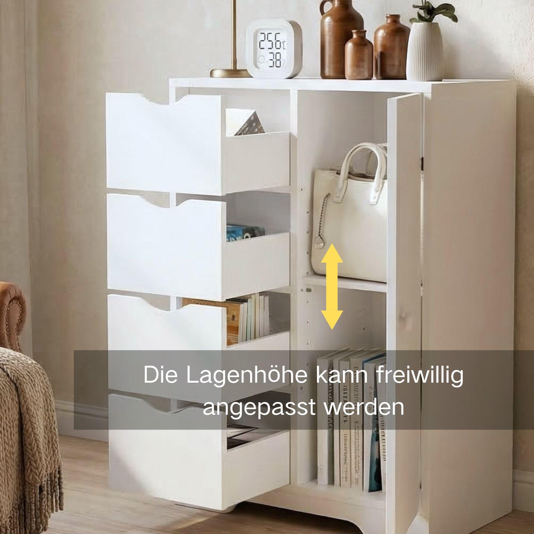 FurnitureR Kommode Weiß mit 4 Schubladen und Schrank, MDF Aufbewahrungsschrank mit Verstellbaren Regalböden, Schubladenschrank für Wohnzimmer Schlafzimmer Flur Büro, 55 x 30 x 82 cm