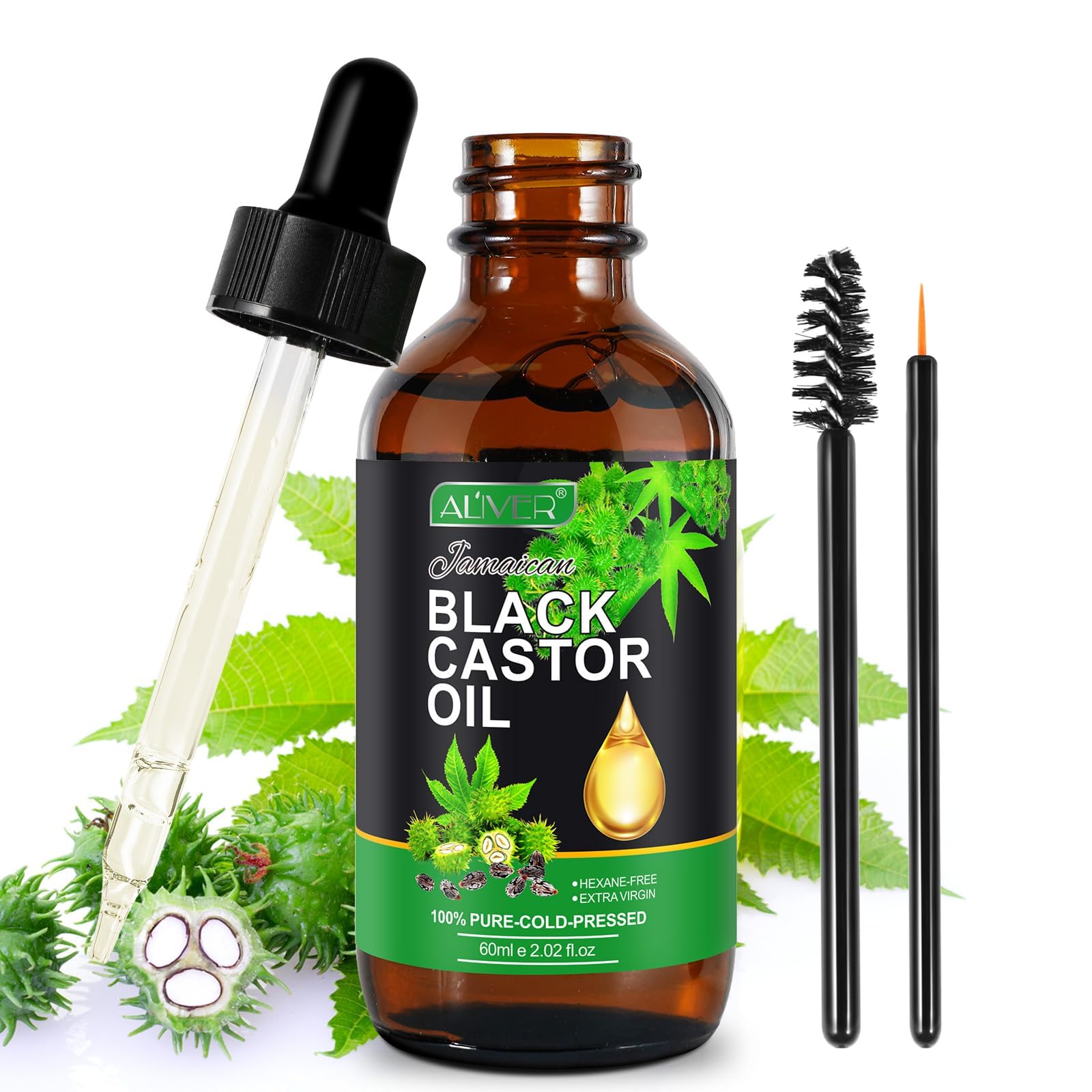 Organic Castor Oil 60ml/2oz,100% Pure & Natural Massage Oil,Cold Pressed Jamaican Black Castor Oil for Skin Conditioning, Hair and Eyelash Growth,Nourish the Scalp,Dry Skin