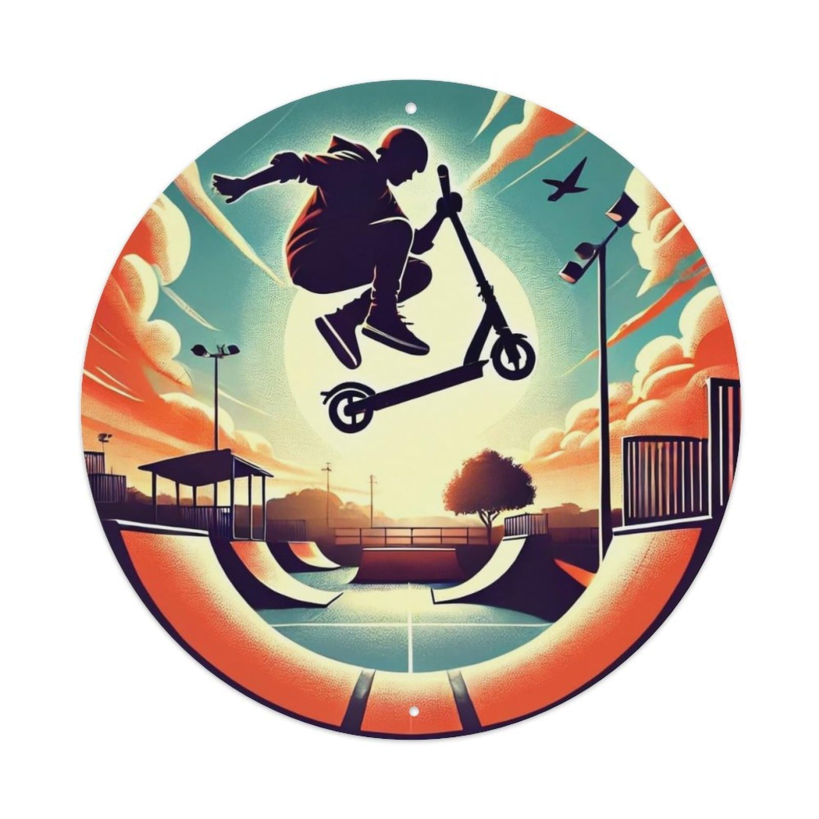 Scooter Jump At Sunset Park Tin Sign Metal Poster Vintage Metal Signs for Home Man Cave Bar Cafe Kitchen laundry room Wall Decorations 8x8 inches