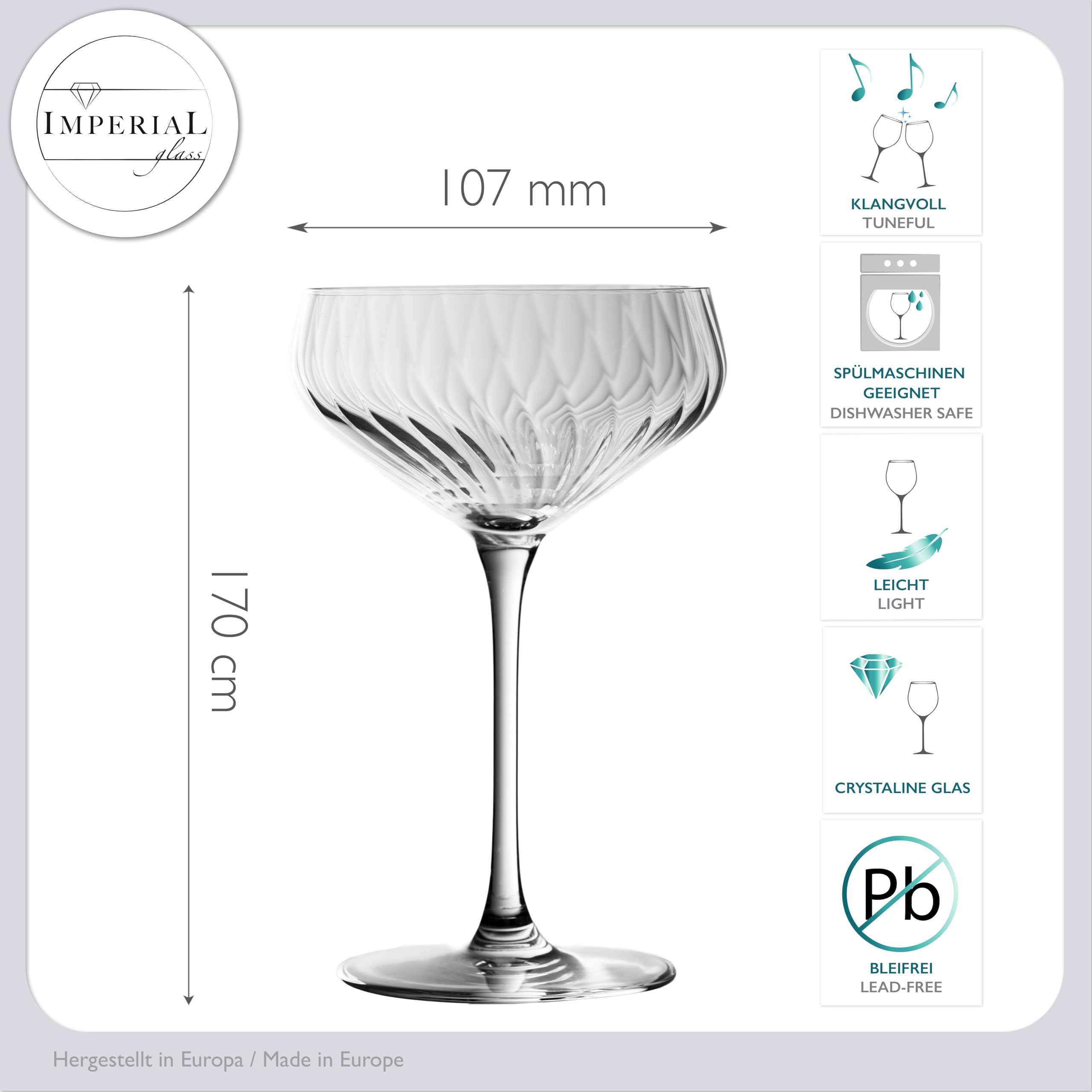 geriffelte Cocktailschalen 6er Set – Coupe Gläser transparent aus Crystalline Glas 270ml London Spülmaschinenfest