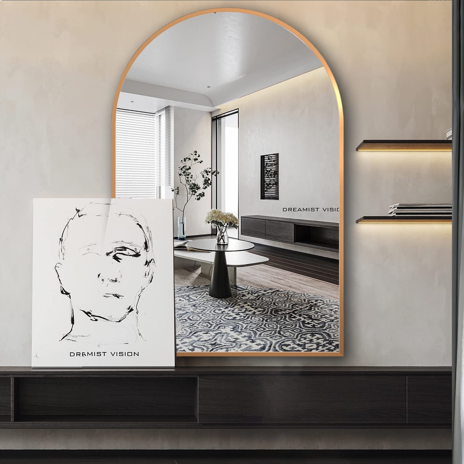 Specchio da parete, specchio da parete ad arco per bagno, 60 x 90 cm ad arco con cornice in metallo, specchio da bagno dorato per arredamento, camera da letto, soggiorno