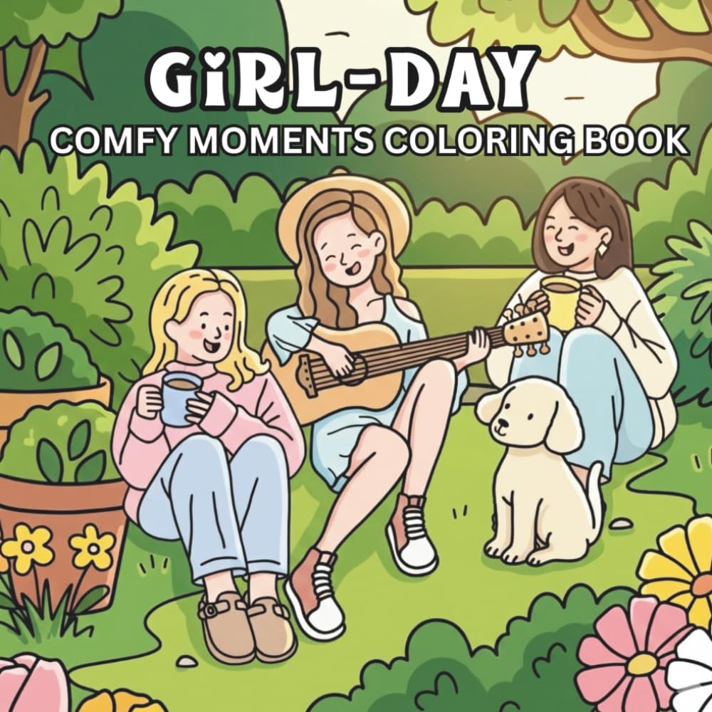 Girl-Day: Comfy Moments Coloring,mindful girl days, relaxing coloring for adults teens gentle self-care scenes.