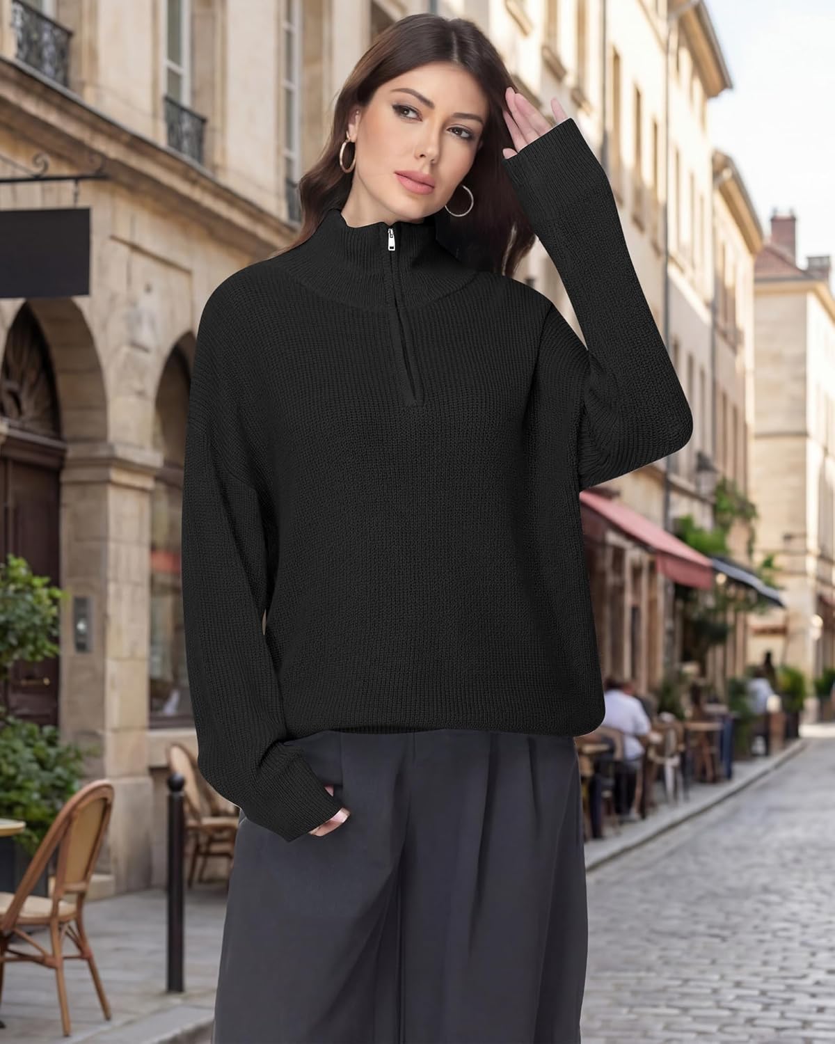 Women Quarter Zip Sweater Oversized Collared Ribbed Knit Pullover Long Sleeve V Neck Casual Jumper Fall Fashion Top - Image 6