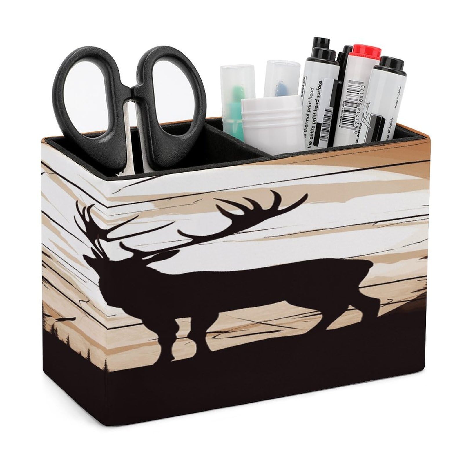 VstaDank Wild Elk Silhouette Pencil Holder for Desk(Double Slots) Fashion Leather Pencil Cup Simple Rectangular Shape Pen Holder Multi-Functional Pen Cup for Home Office Supplies Storage
