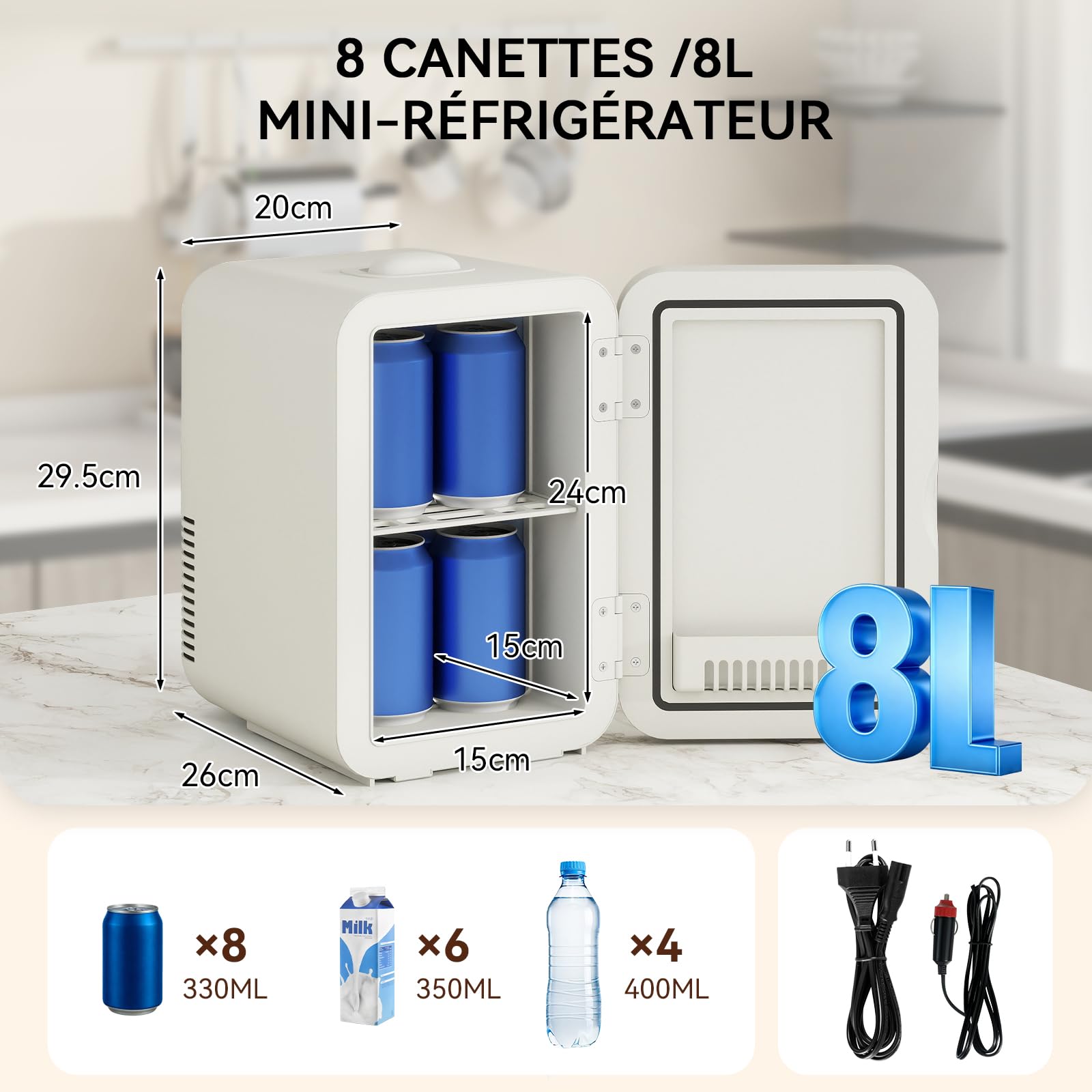 YOURLITE Mini Frigo de Chambre 8L, Mini Réfrigérateur Portable, Fonction Chaud Froid, Silencieux, 12V 240V, Beige
