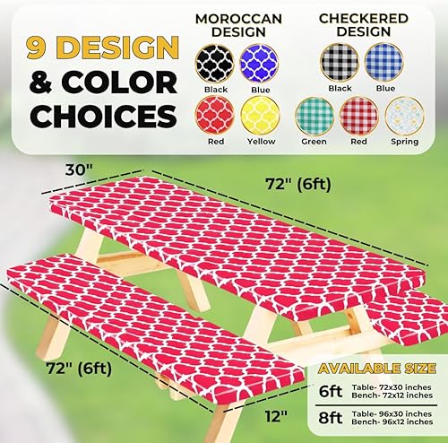 Miniatura 2 de RNOONY - Funda ajustable para mesa de pícnic con fundas para bancos y bolsa, impermeable, a prueba de viento, de exterior, 6 pies, bordes elásticos,