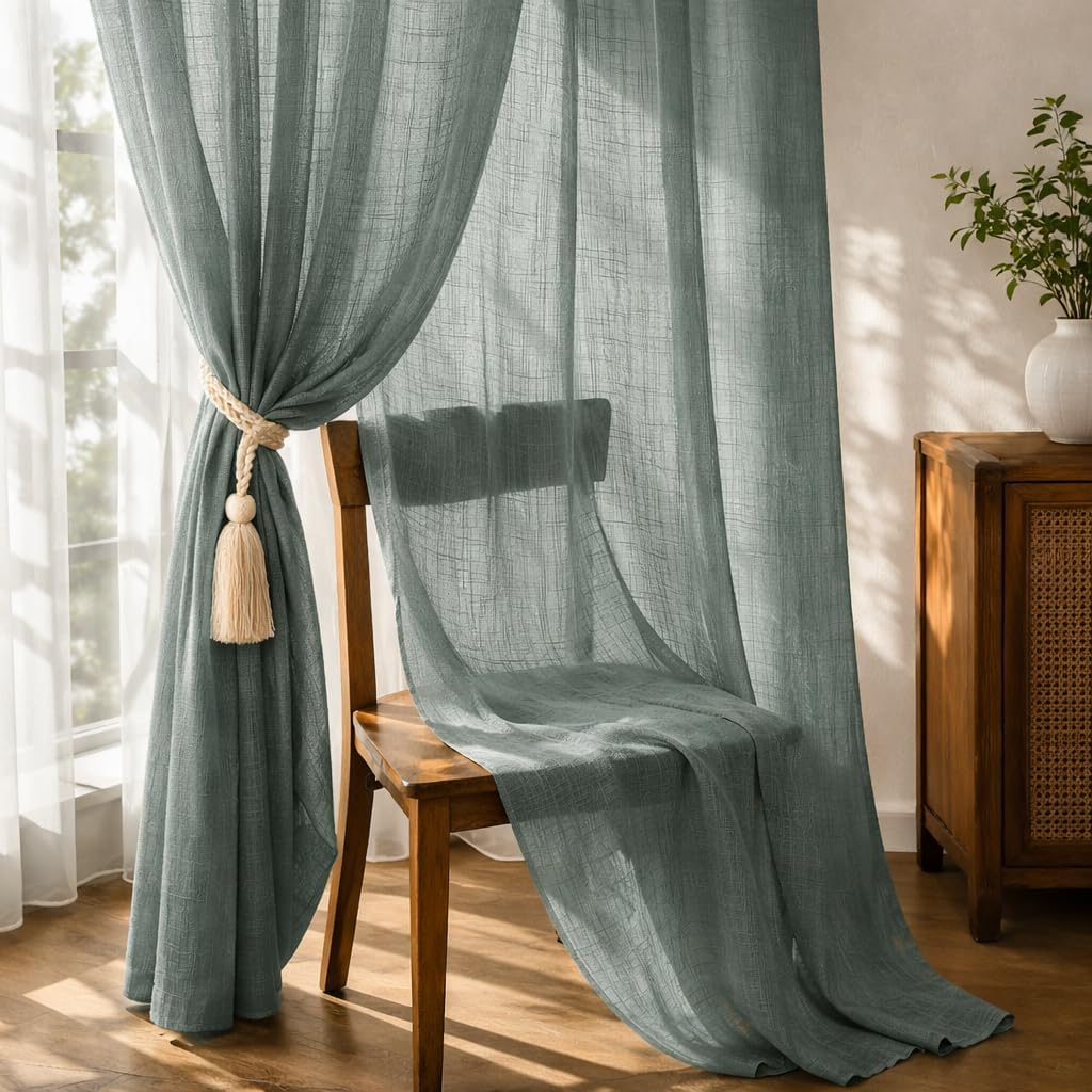 THE LINEN COMPANY Cotton Linen Sheer Door Curtains, Semi Transparent Light Filter Drapes with Rod Pocket, Modern Door Panel Curtain for Home Decor, Light Grey, 7 Feet, Pack of 1